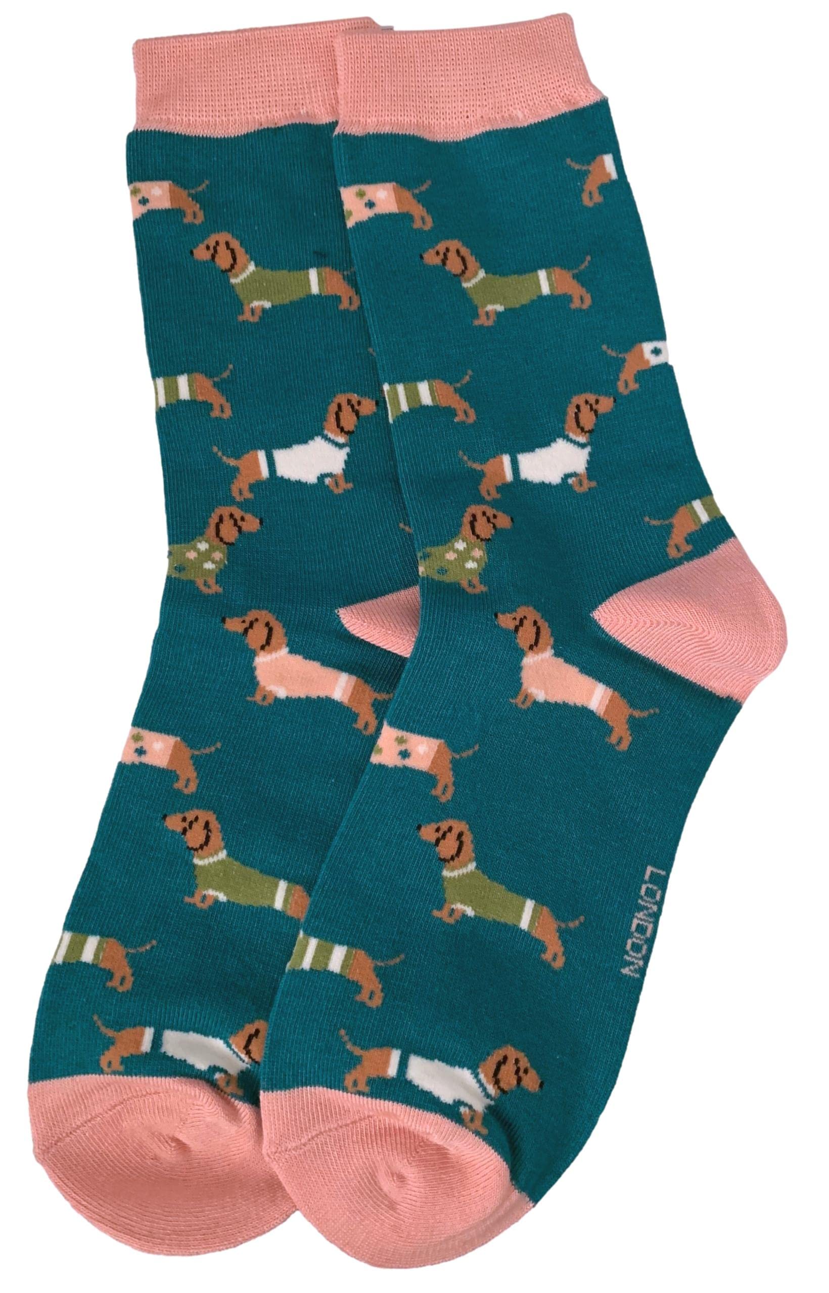 Purple Possum UK® Dachshund Dog Socks Ladies Cute Sausage Dogs Green Teal Pink Bamboo Cotton Size 3-7