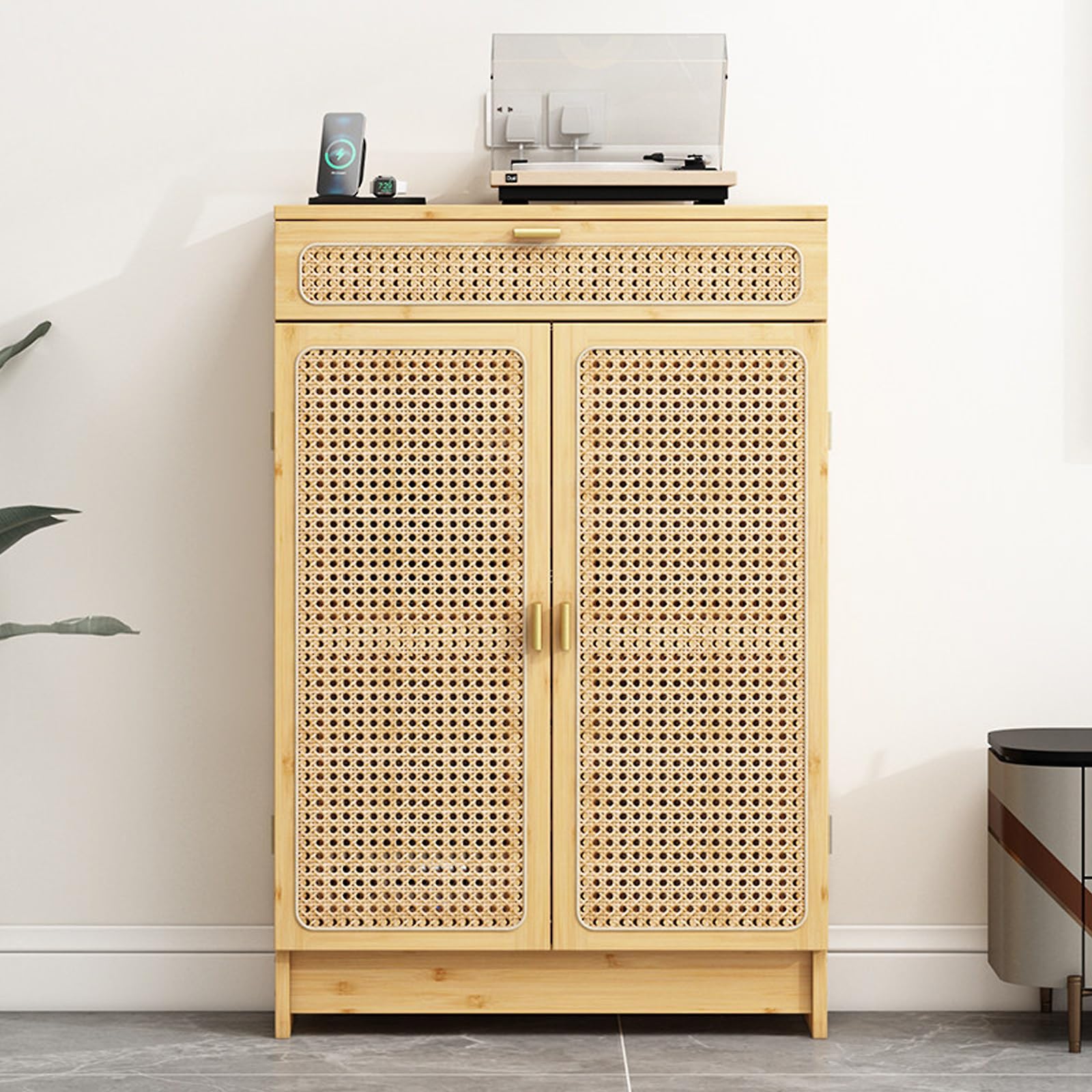 Armoire de Rangement pour Routeur WiFi avec Tiroirs, Osier Respirant Meuble Box Internet Grande Capacité de Rangement, pour Dissimuler Les Routeurs, Modems et Câbles(Natural,60 * 25 * 91cm)
