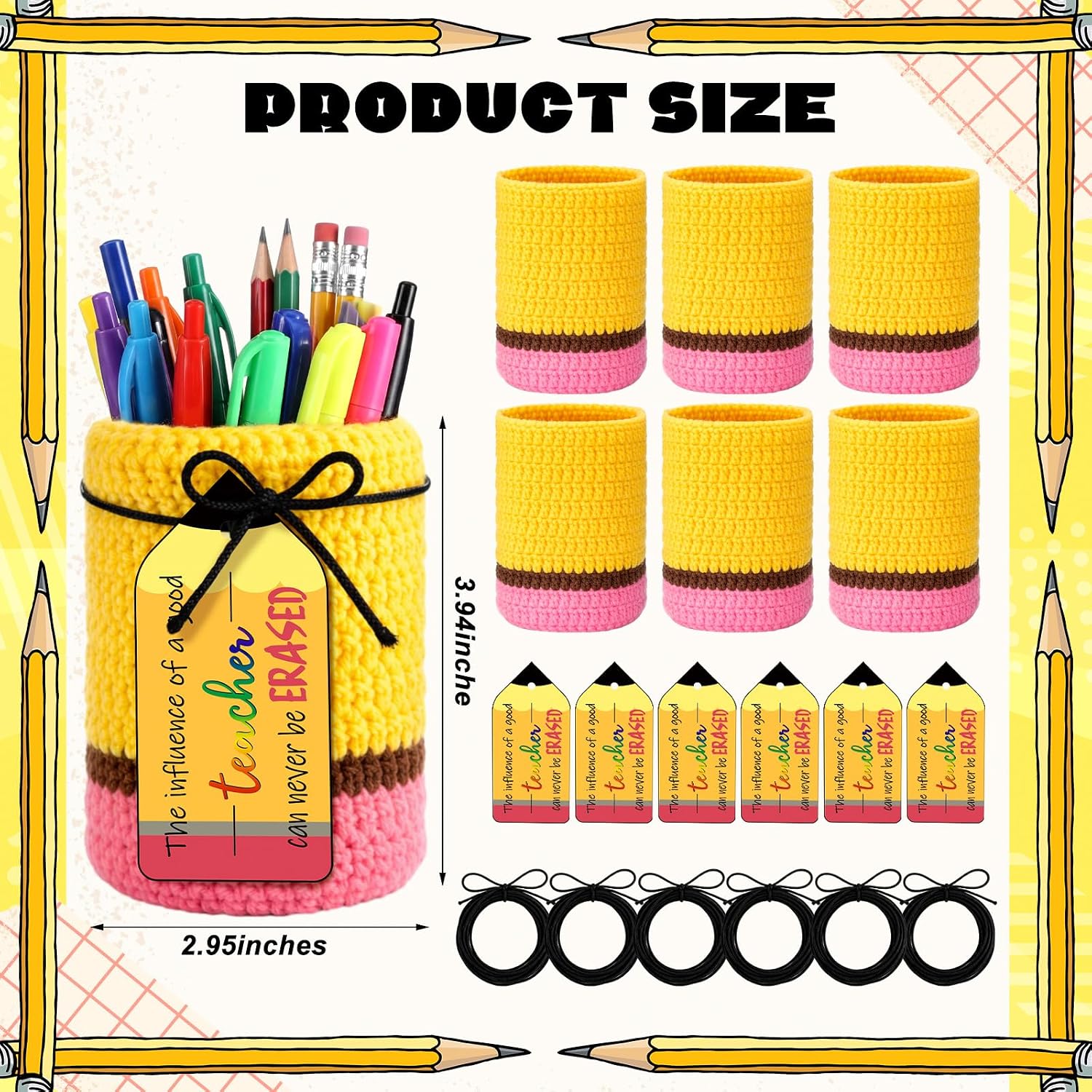 6 Set Crochet Teacher Appreciation Gift Pencil Holder with Positive Card Classroom Desk Stationery Storage Organizer Thank You Gifts for Teachers Educator Staff End of School Year Supplies