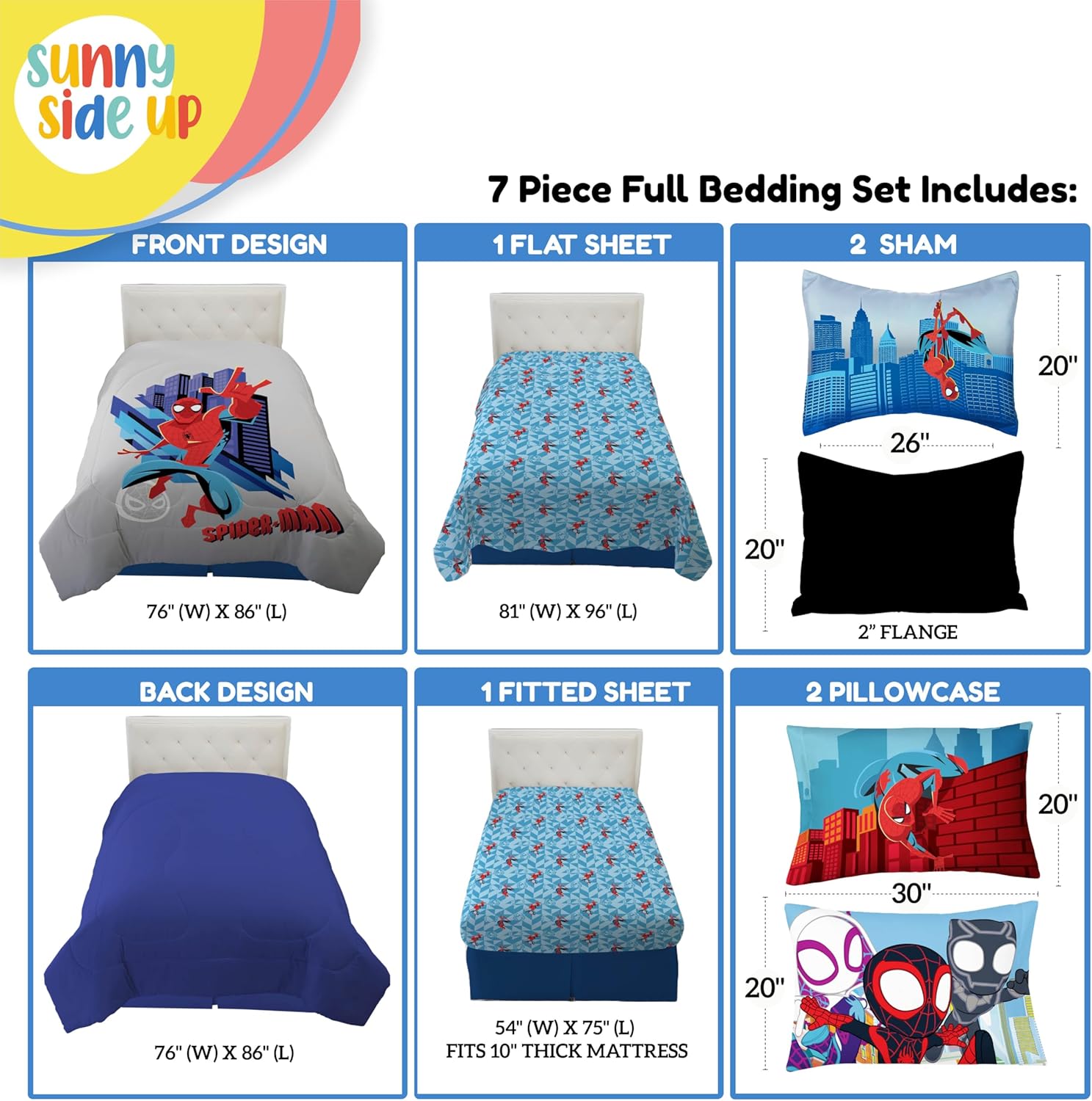Sunny Side Up Kids Comforter Set Includes Sheets and Pillow Covers - Soft and Cozy Bed Set for Stylish Room Decor, Gray - Spiderman, 7 Piece Full Bedding
