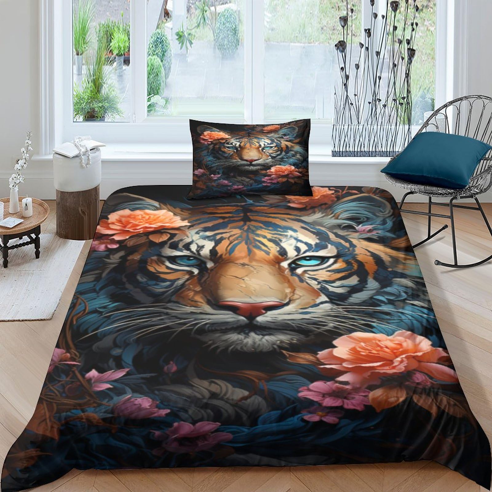 Housse de couette tigre 3D 135x200 parure de lit féroce 3 pièces en microfibre douce avec taie