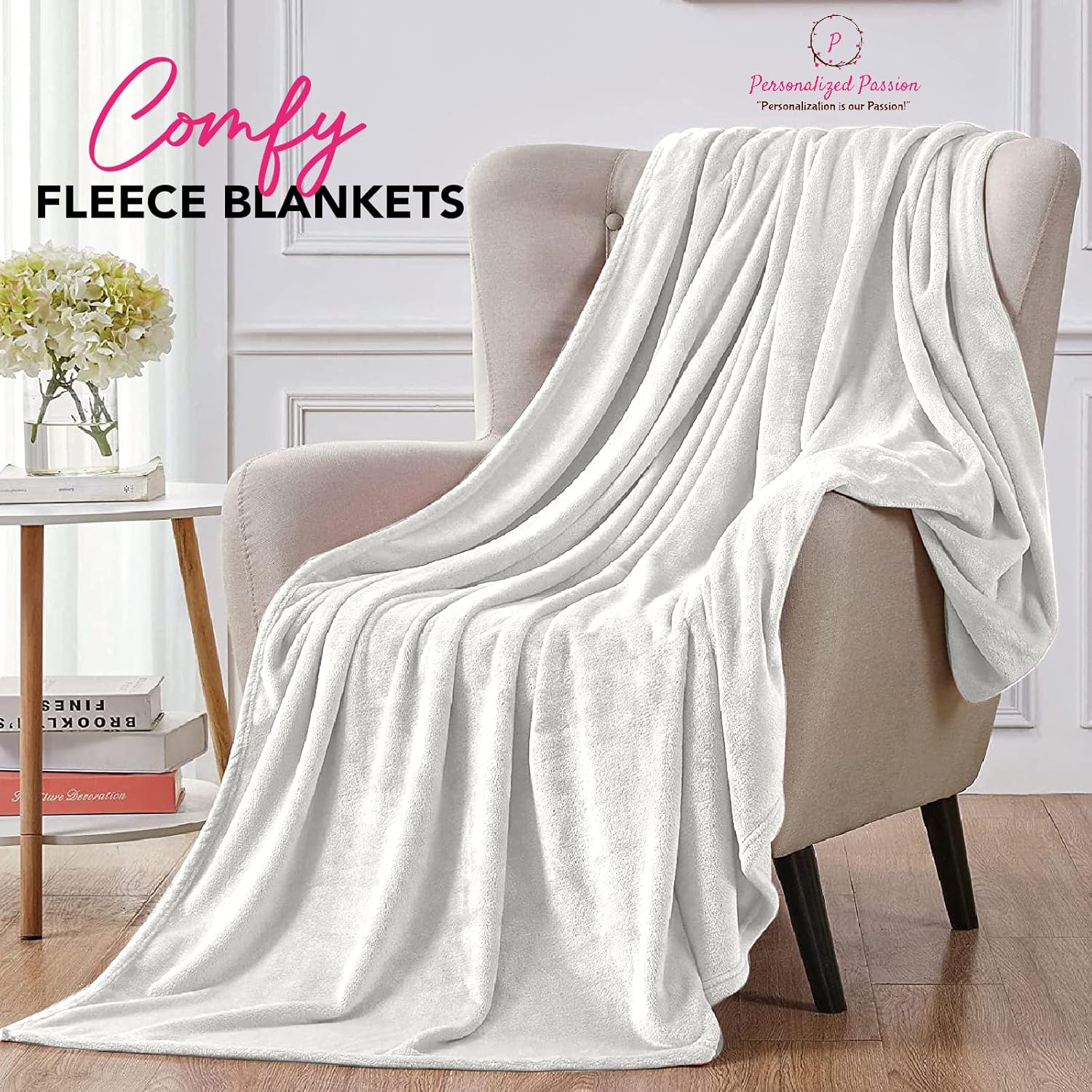 Personalized Passion Blankets with Custom Name & Initial Monogram - Super Soft and Cozy Fleece - Unisex Custom Blanket for Him and Her - 60x40 Inches - Cream