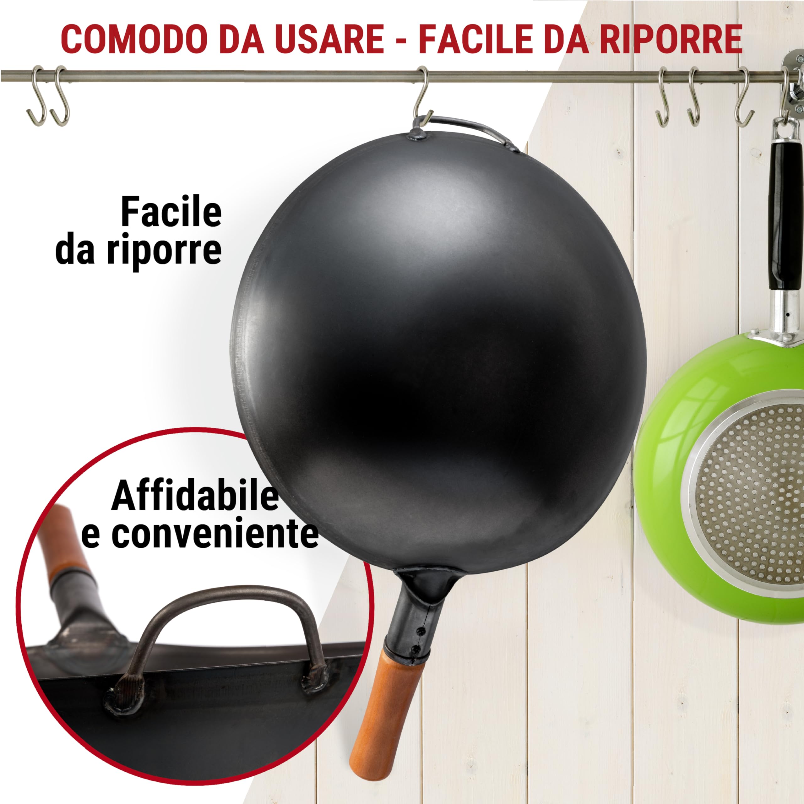 YOSUKATA Padella Wok Professionale 36 cm - Tradizionale Fondo Tondo in Acciaio al Carbonio Precondizionato - Cinese Originale - Pentola Grande - Compatibile con Gas e Fuoco Aperto (Nero)