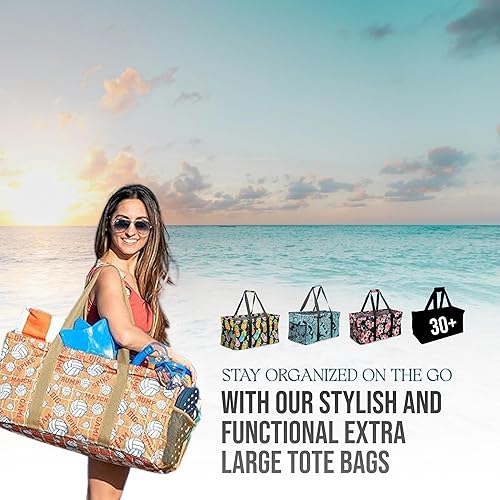 Miniatura 9 de Bolsa de lona extragrande plegable reutilizable con marco de alambre rectangular con dos bolsillos exteriores para playa, piscina, lavandería,