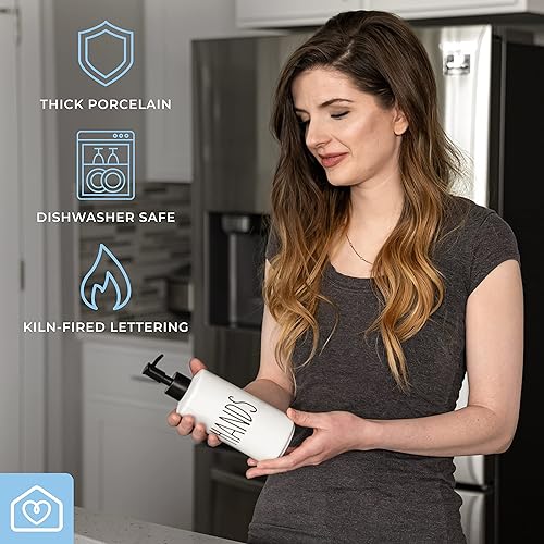 Miniatura 6 de Heartland Home Botella dispensadora de líquido vacía de porcelana de 16 onzas para manos. Dispensador de jabón de manos para baño, botella de loción