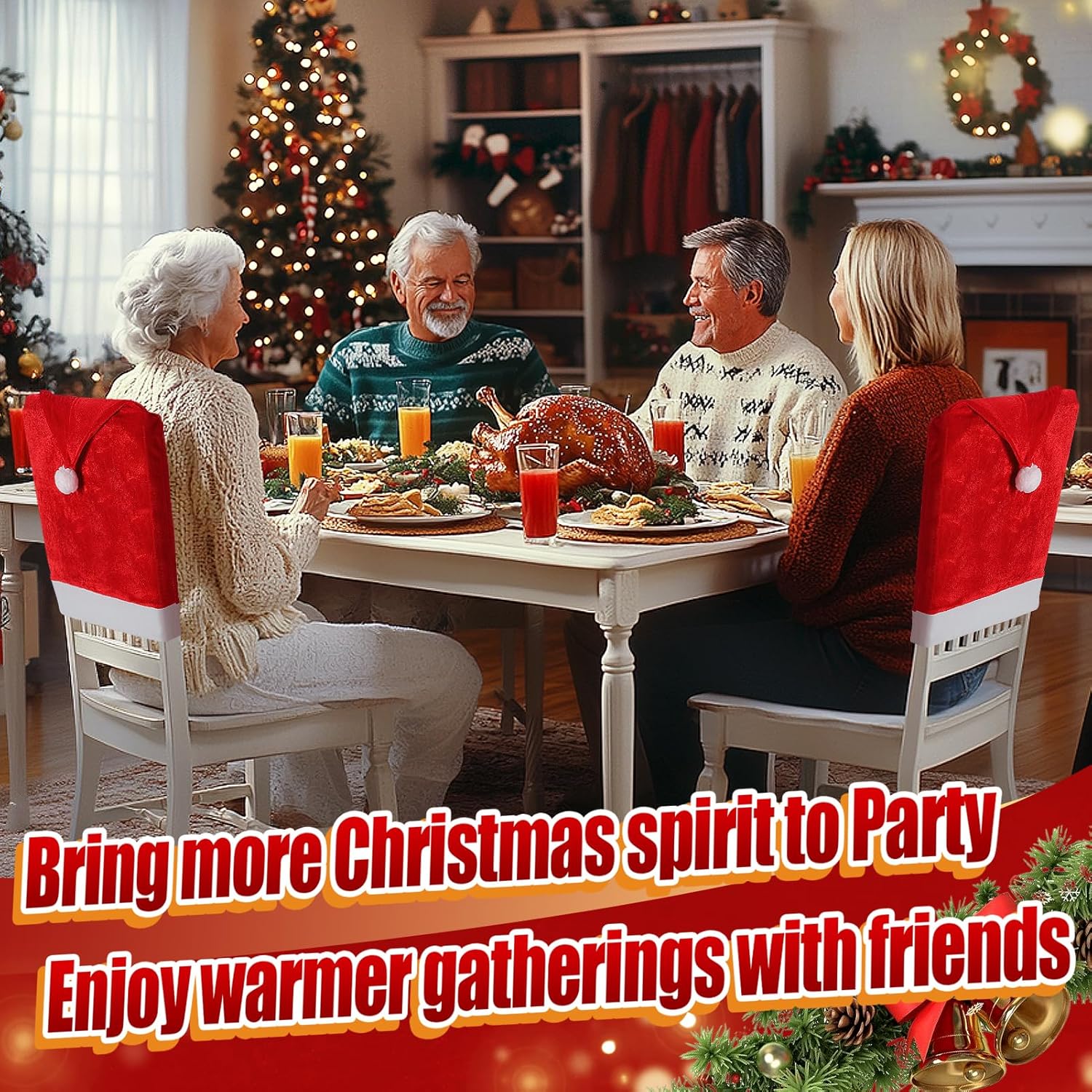 ANPHSIN Velvet Christmas Chair Covers - Santa Hat Chair Back Covers, Red Dining Table Seat Slipcovers Set of 8 for Xmas Holiday Party Banquet Home Decoration