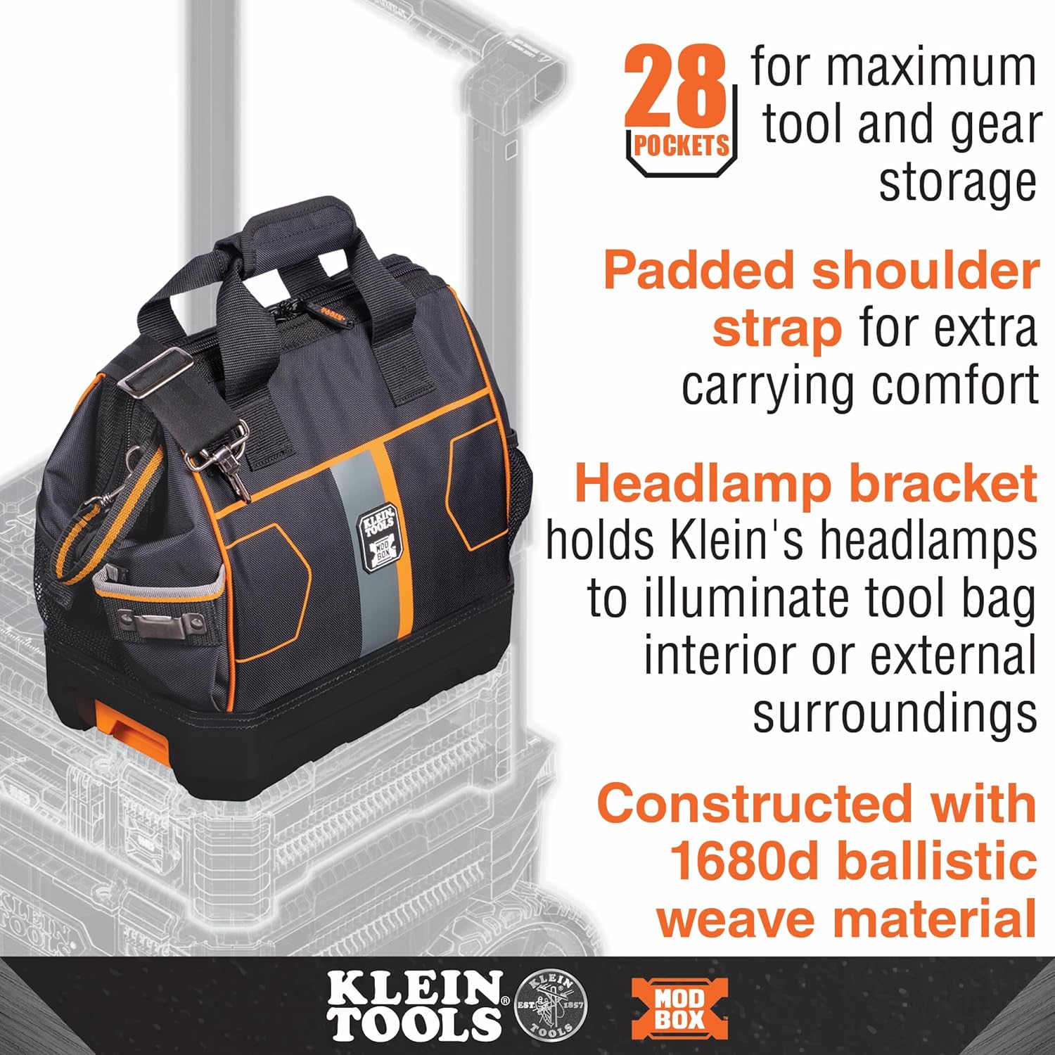 Klein Tools 62203MB MODbox Tool Bag, Part of the MODbox Mobile Workstation, 28 Pockets for Maximum Tool Storage, Internal Headlamp Bracket