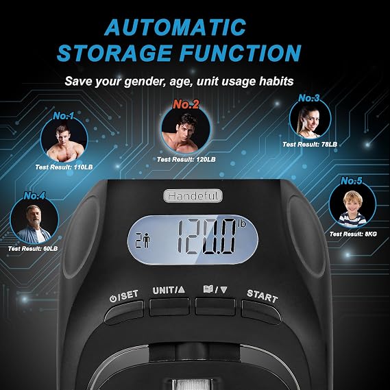 Handeful Digital Grip Strength Tester, 397 lb Hand Dynamometer, Black | 397 lb Capacity; 0.2 lb Increments; 19 Memory Records; Adjustable Handle; Memory Tracking; For Sport and Rehab