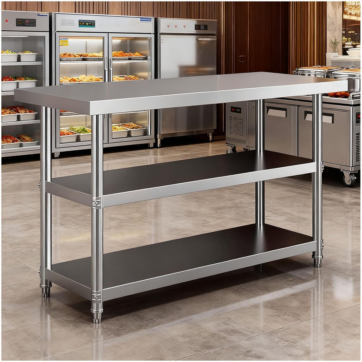 Commercial Kitchen Workbench Three-Tier Metal Prep Table with Cutting Board Worktable Adjustable Middle Shelf for Open Storage Racks Easy Installation(120x50x80cm/47.2x19.7x31.5”)