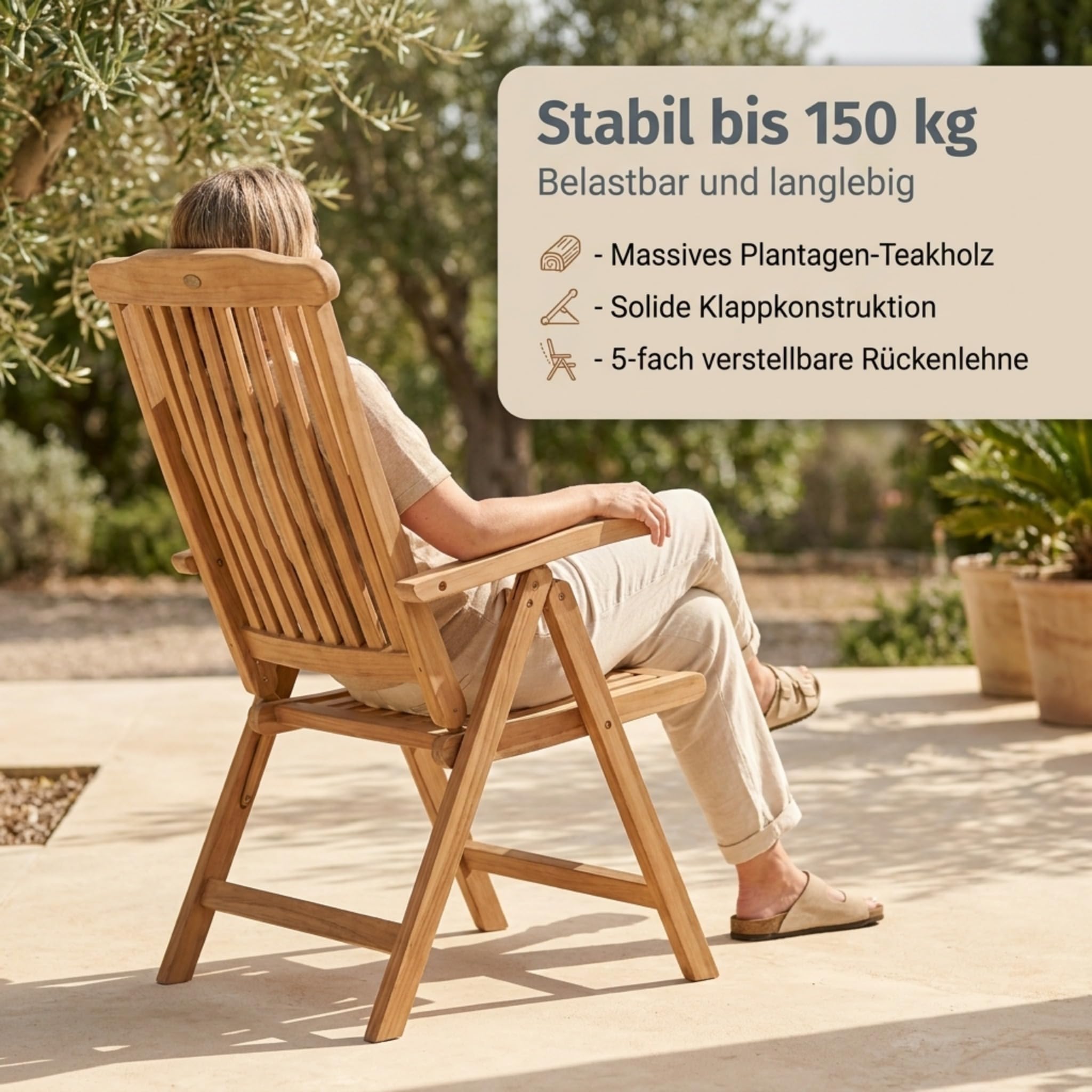 SAM Premium Hochlehner Aruba 6er Set, 6 Gartenstühle Teakholz massiv lackiert, 5-Fach Verstellbarer Klappstuhl mit Armlehnen bis 150 kg, wetterfest für Garten Terrasse Balkon Outdoor, Unikat