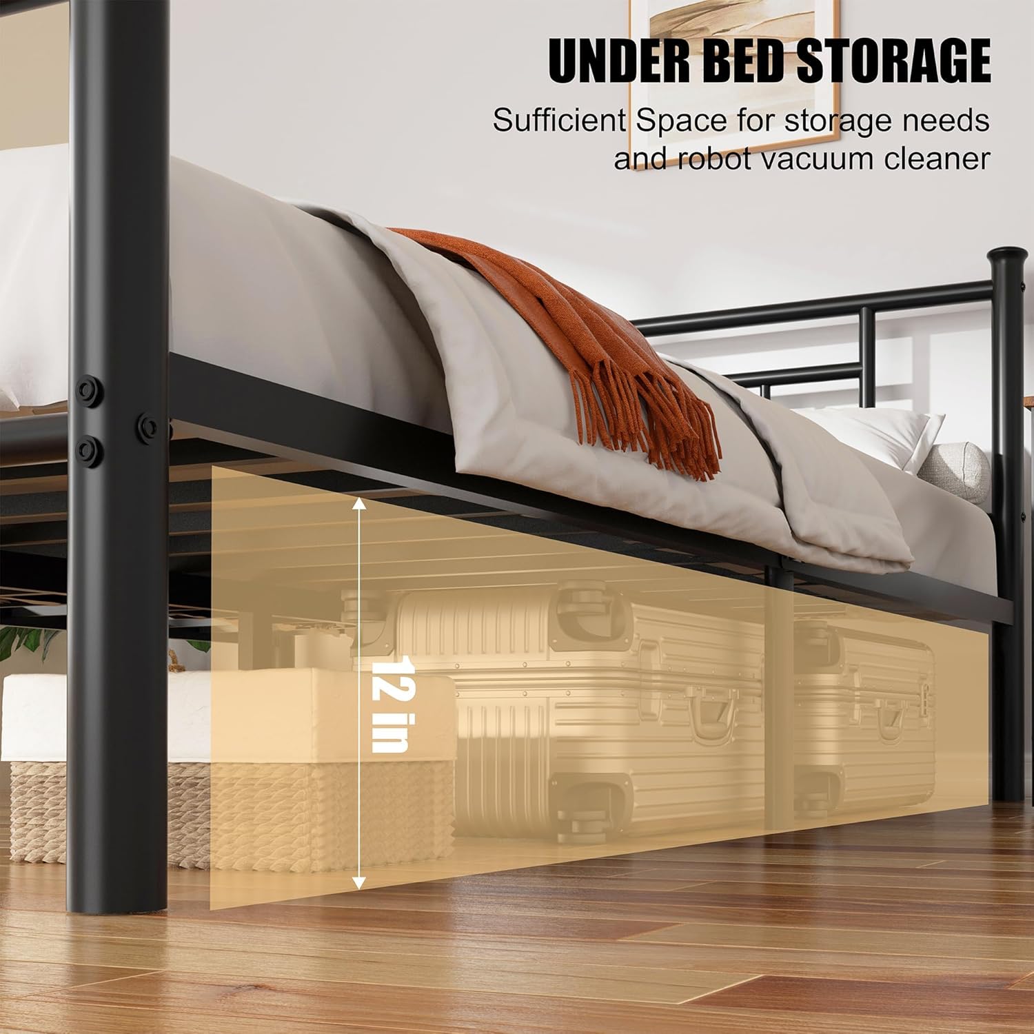 Shintenchi Twin Size Metal Platform Bed Frame with Headboard & Footboard, Steel Slat Mattress Foundation, Under Bed Storage, Noise-Free, No Box Spring Needed, Black Square