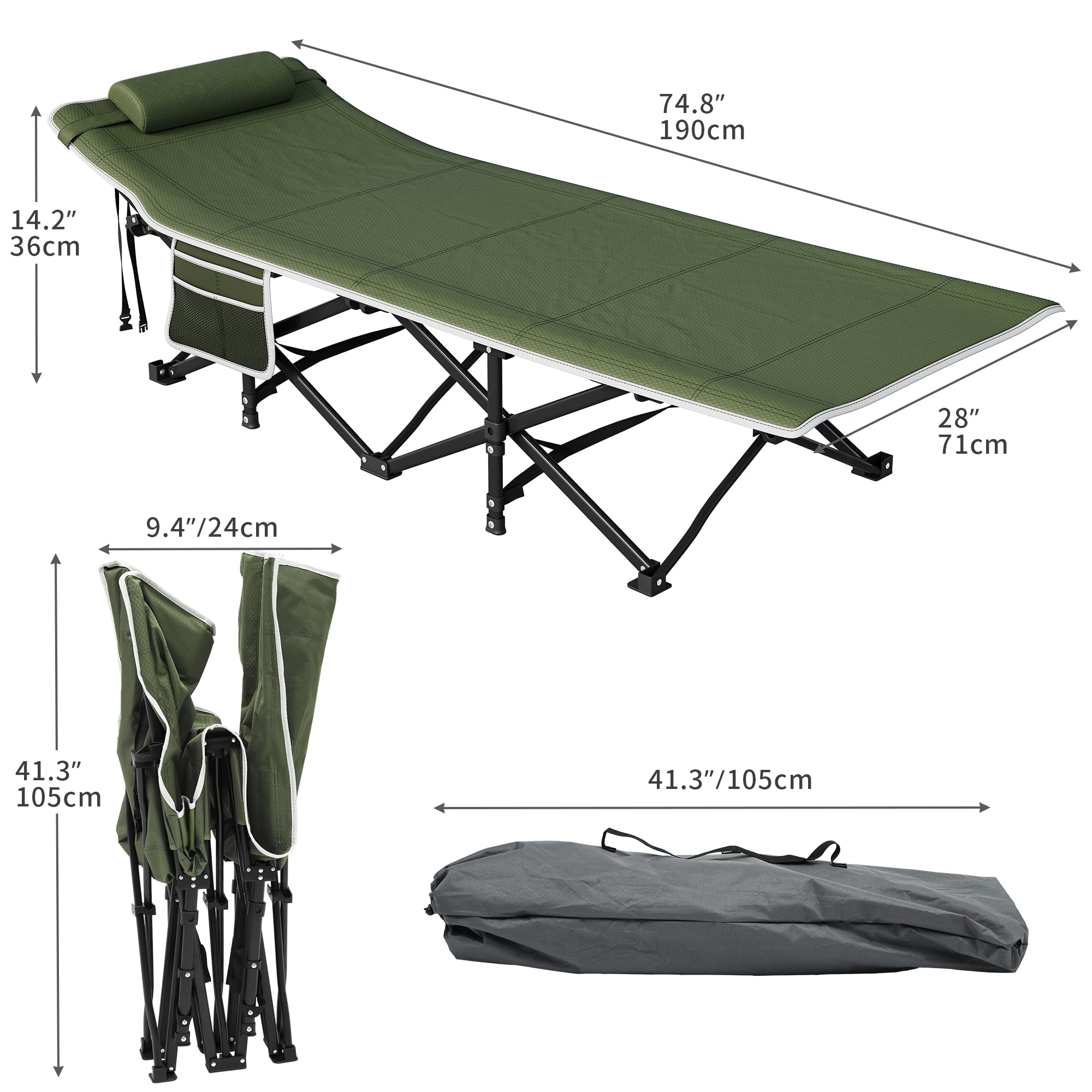 YITAHOME Feldbett Klappbar für Erwachsene, Campingbett 260 kg Traglast, mit Tragetasche, Grün