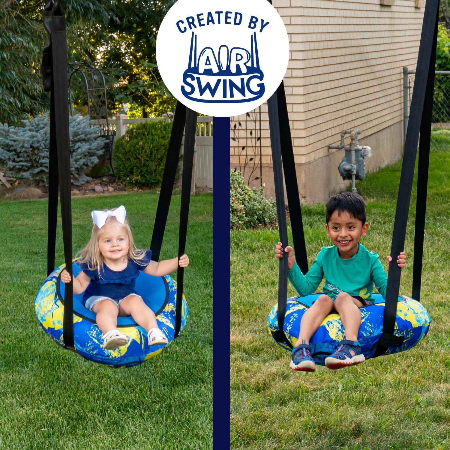 Durable 26” AIR Swing Safe Round Outdoor Saucer Tree Swing for Toddlers & Kids - Ideal for Backyard, Indoor Playroom, Playset, or Treehouse - Adjustable 360 Rotation & Regular Modes - Blue/Yellow