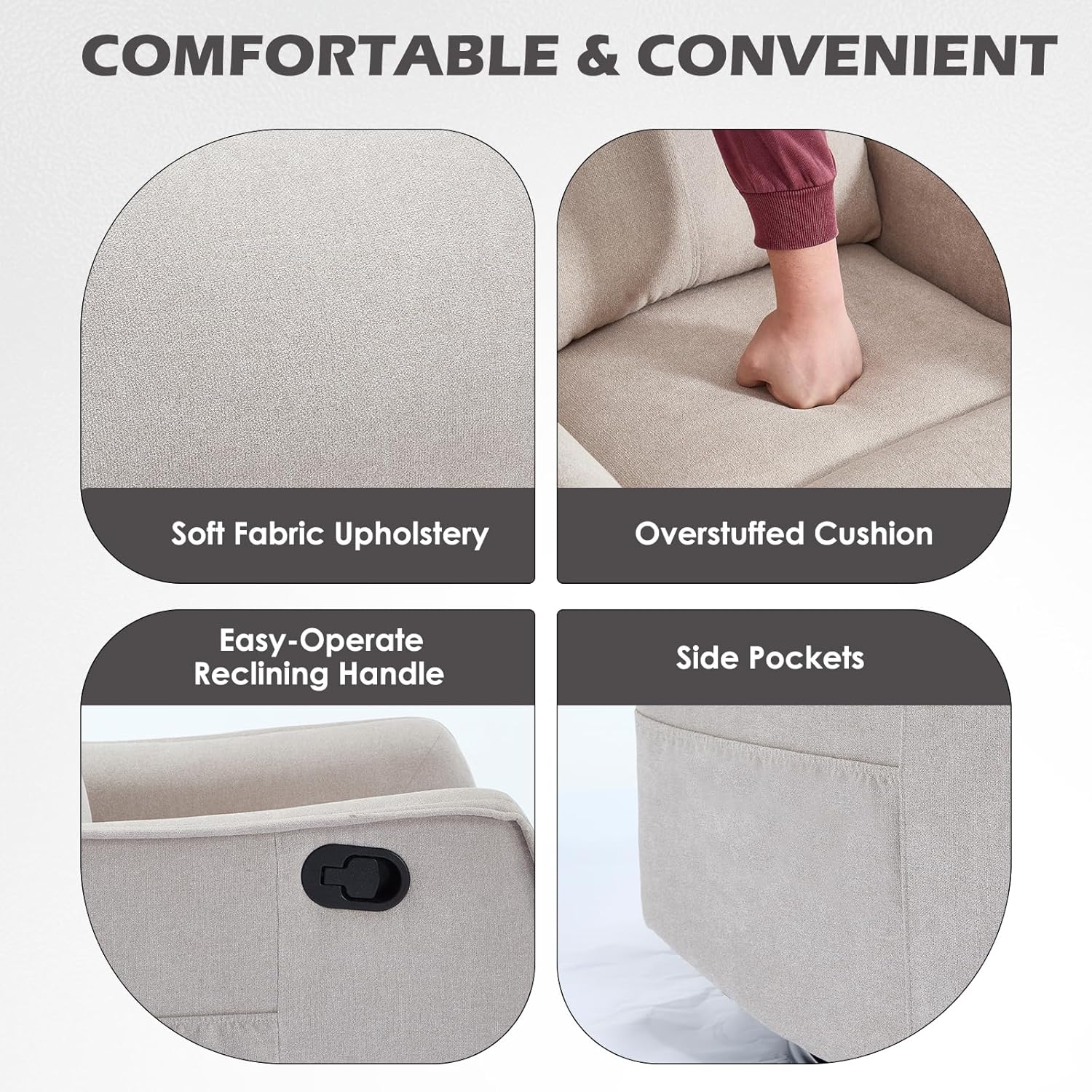 Swivel Rocker Recliner Chair, 360° Swivel Recliner with Heat and Massage, Rocker Recliner Nursery Glider Chair with Side Pockets for Living Room (Beige, Fabric)