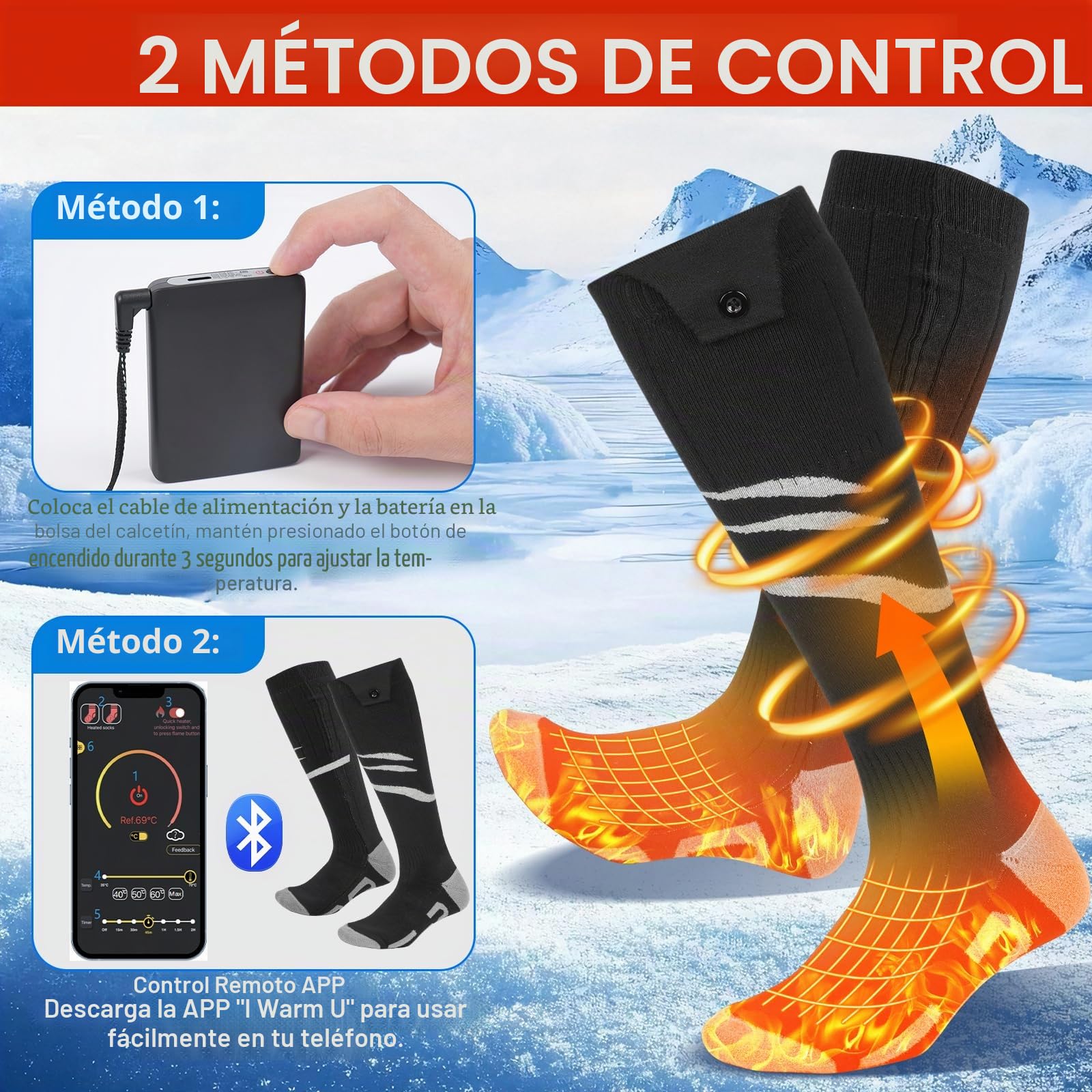 Calcetines Calefactables con App 5000mAh Batería Recargable Hombres Mujeres 4 Temperaturas Ajustables Ciclismo Al Aire Libre Camping Senderismo Motocicleta Esquí L Tamaños