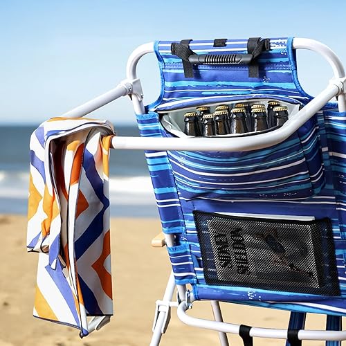 Miniatura 2 de Sillas de playa altas para adultos, silla de playa con mochila de 17 pulgadas de alto con reposabrazos de madera, silla reclinable resistente de 5