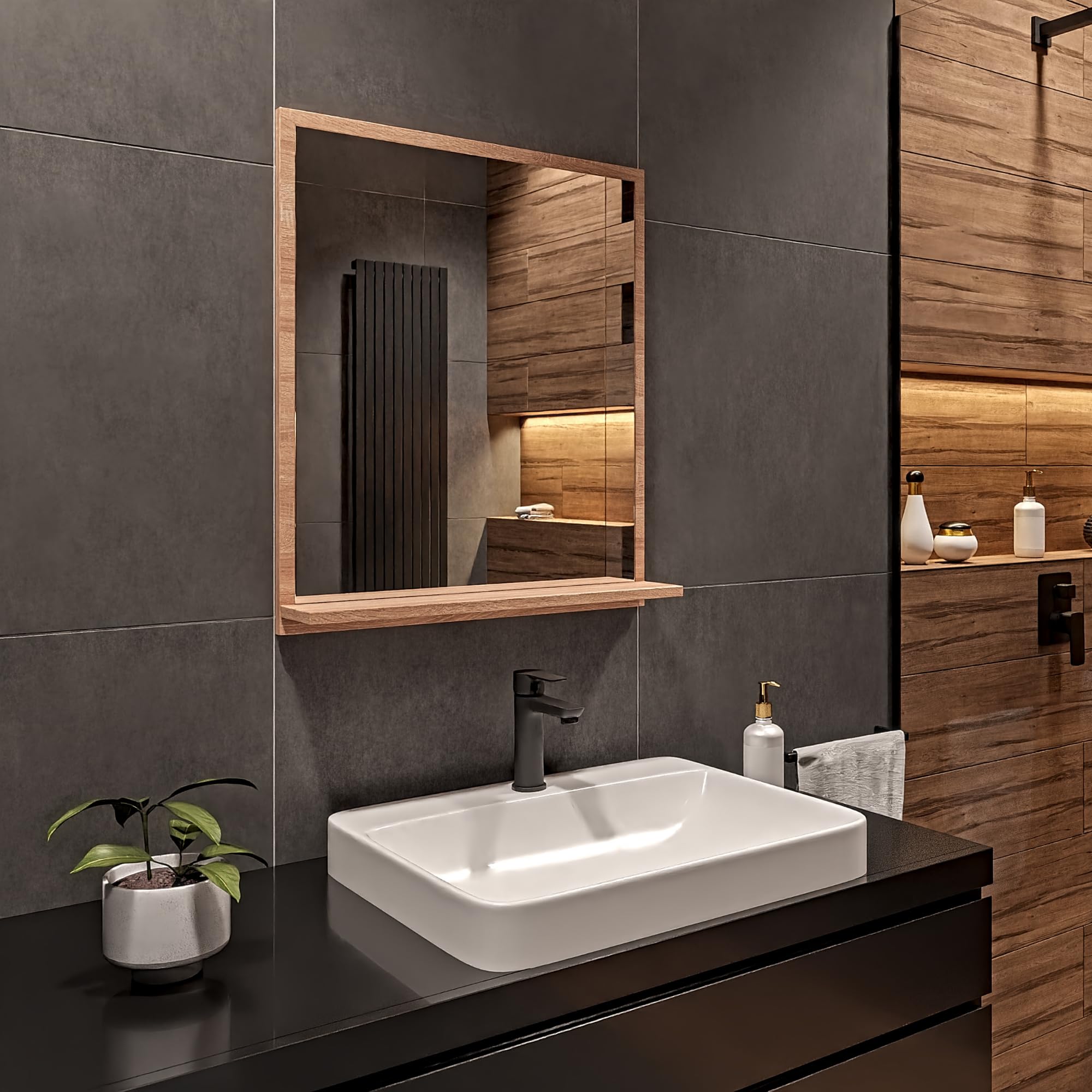 Lustro łazienkowe z półką 60x70 cm sonoma – nowoczesne lustro do łazienki na ścianę – prostokątne lustro z półką – lustro łazienkowe wiszące premium