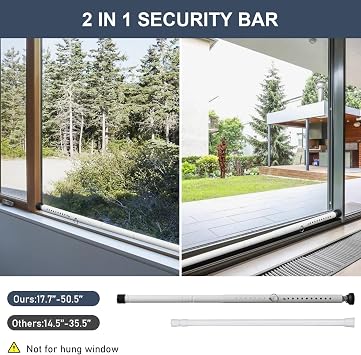 Sliding Door Security Bar,17.5-50 inch Adjustable Patio Door Security bar, Heavy Duty Window Security Bars Inside for Sliding Glass Door Home Apartment Bedroom(White)