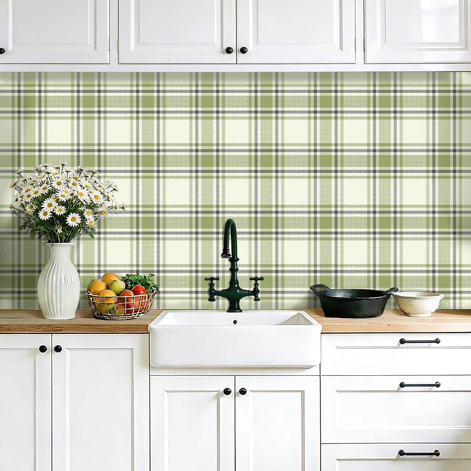 Stickyart 17.5"x276" Modern Farmhouse Herringbone Plaid Wallpaper Peel and Stick Vintage Cottage Core Sage Green Cream Plaid Contact Paper Preppy Scottish Tartan Wall Paper for Bedroom Bathroom Wall