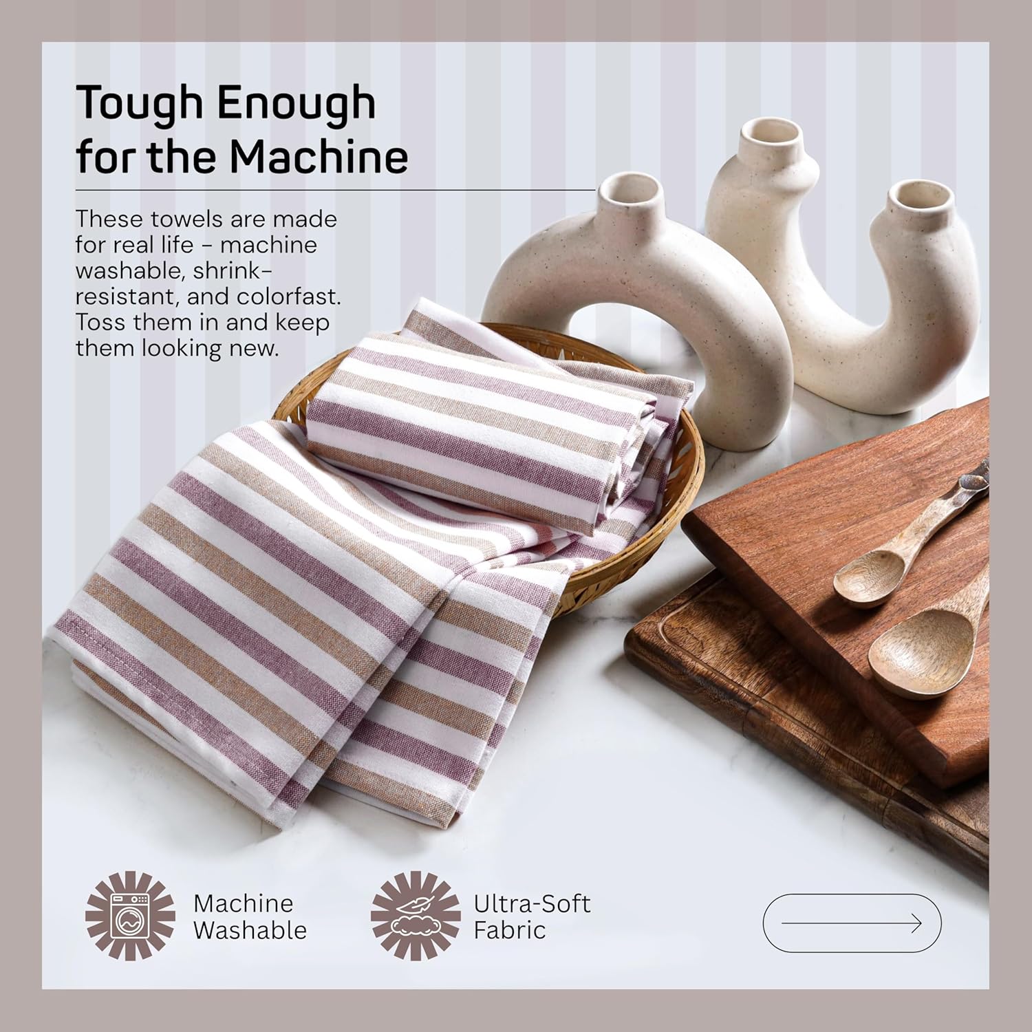 Fiesta Stripe Dish Towels 12 Pack, 18x26 Inch, 100% Cotton, Absorbent & Durable, Quick Drying Kitchen Towels for Daily Cleaning, Cooking & Baking, Easy Care, Brown & Burgundy