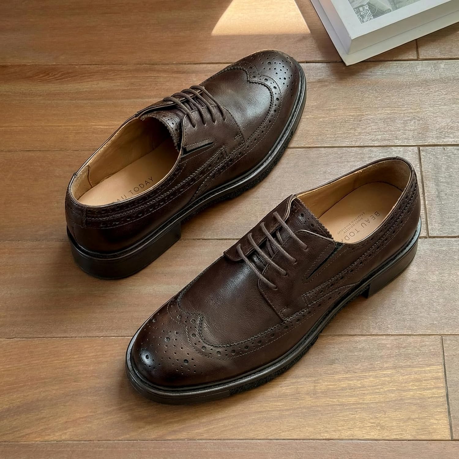 BEAU TODAY Oxford Shoes for Women, Leather Dress Brogue Oxfords, Comfortable Breathable Lace-Up Handmade Wingtip Oxford Shoes Ladies, Chunky Heel Round Toe Oxfords for Business Work