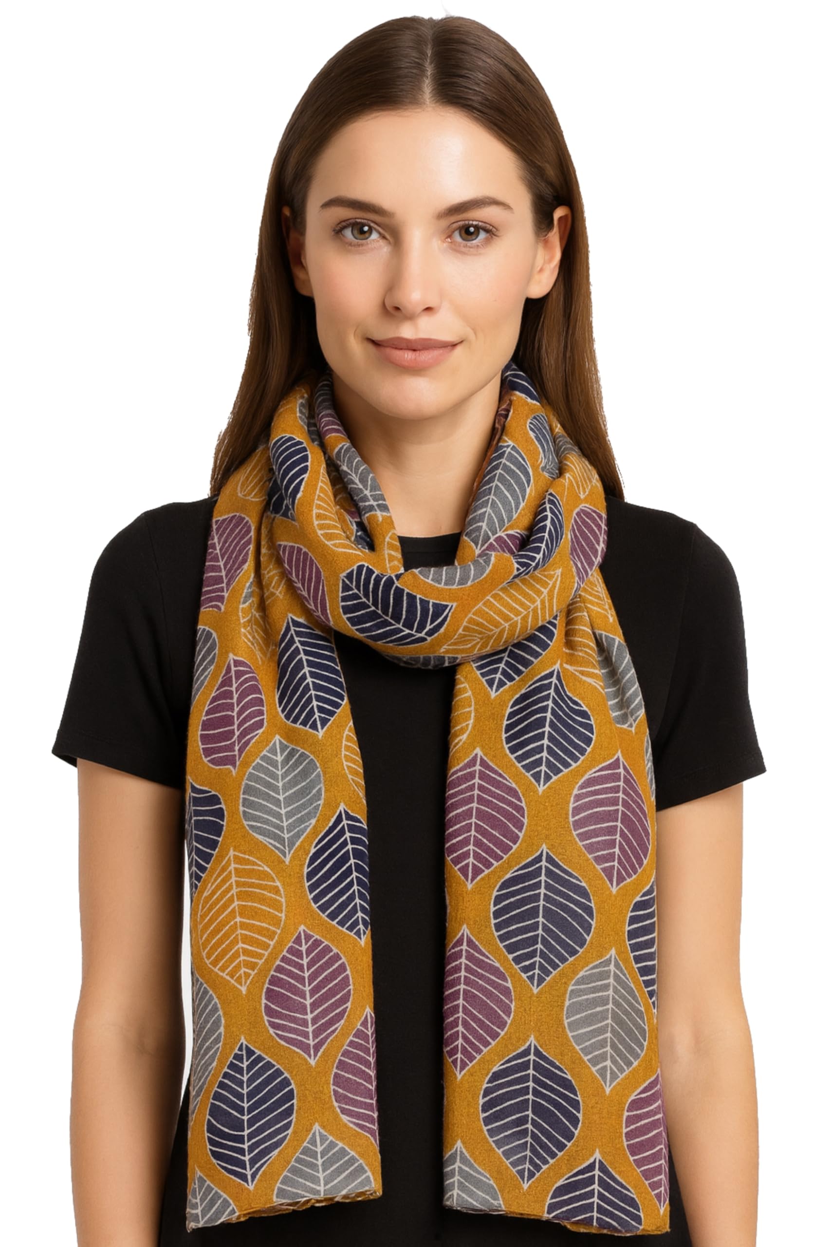 World of Shawls Tree Leaves Print Women Scarf Shawl Wrap Ladies Long Wrap (Mustard)