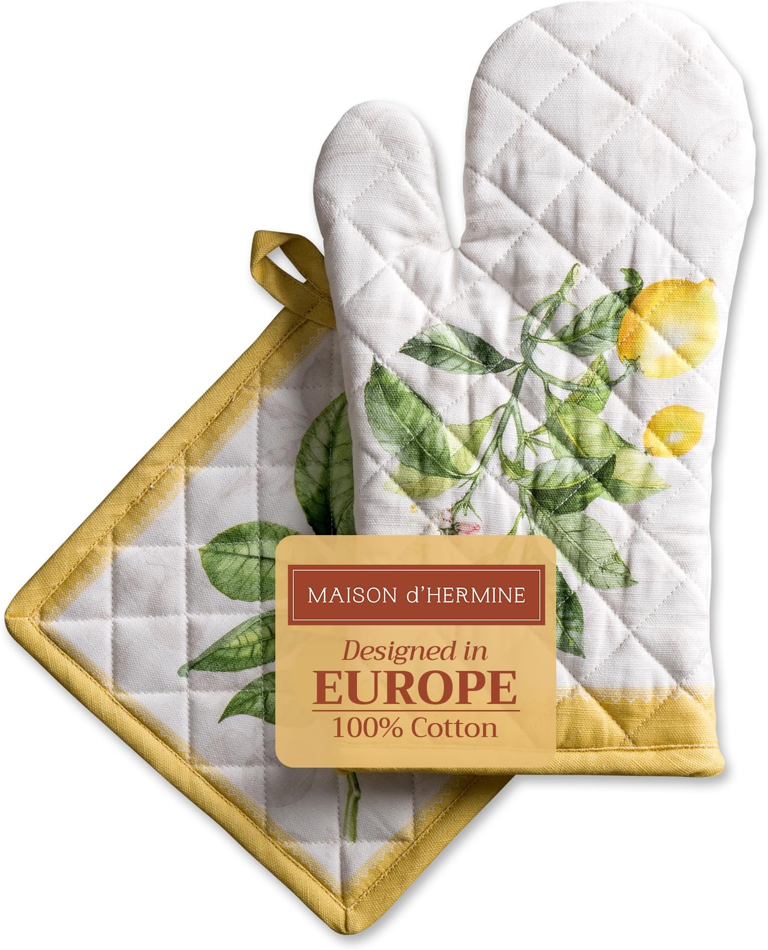 Maison d' Hermine Oven Mitt + Pot Holder 100% Cotton Kitchen Oven Mitts (19cm x 33cm) & Pot Holders (20cm x 20cm), Chef, Women & Men, Wedding use, Limoncello - Spring/Summer