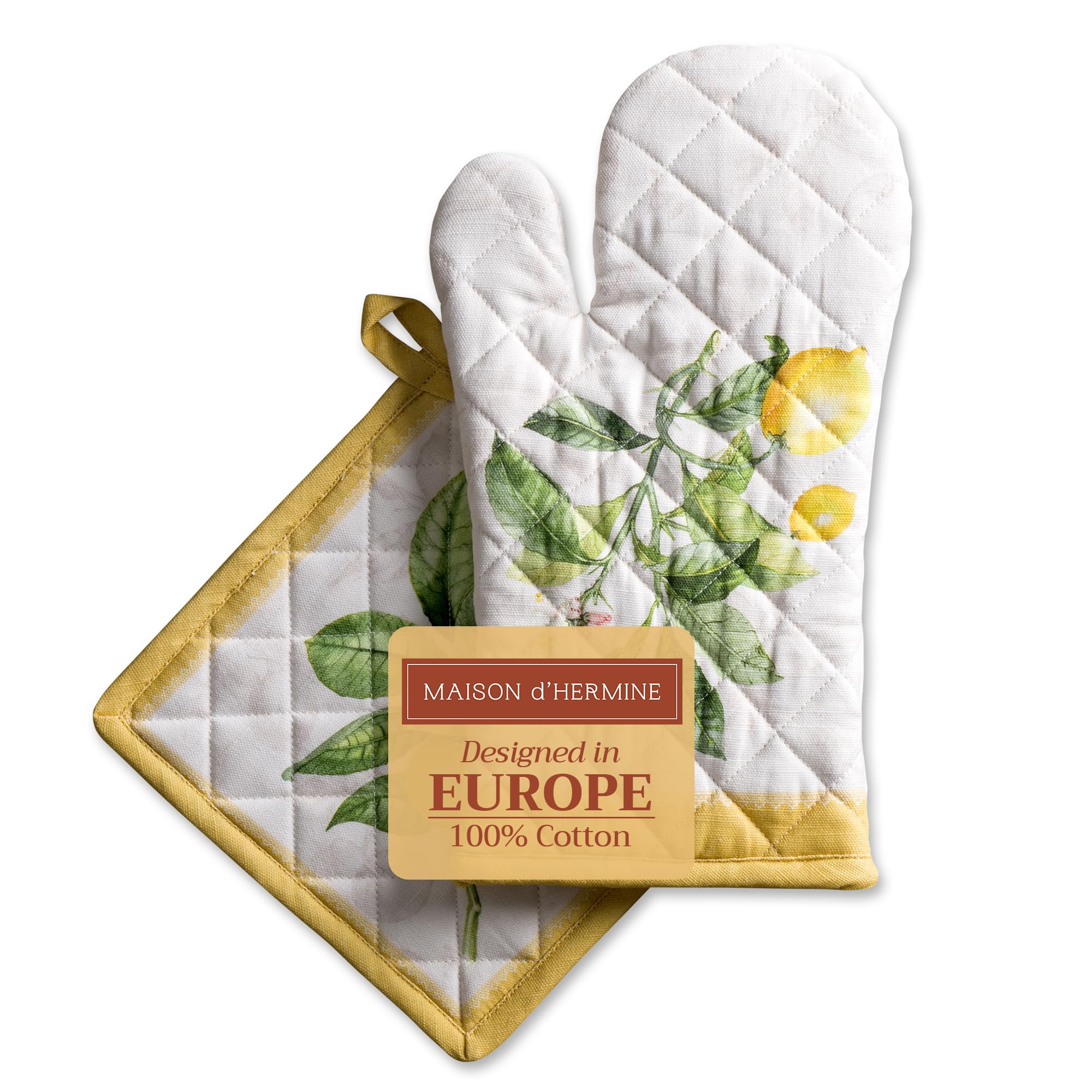 Maison d' Hermine Oven Mitt + Pot Holder 100% Cotton Kitchen Oven Mitts (19cm x 33cm) & Pot Holders (20cm x 20cm), Chef, Women & Men, Wedding use, Limoncello - Spring/Summer