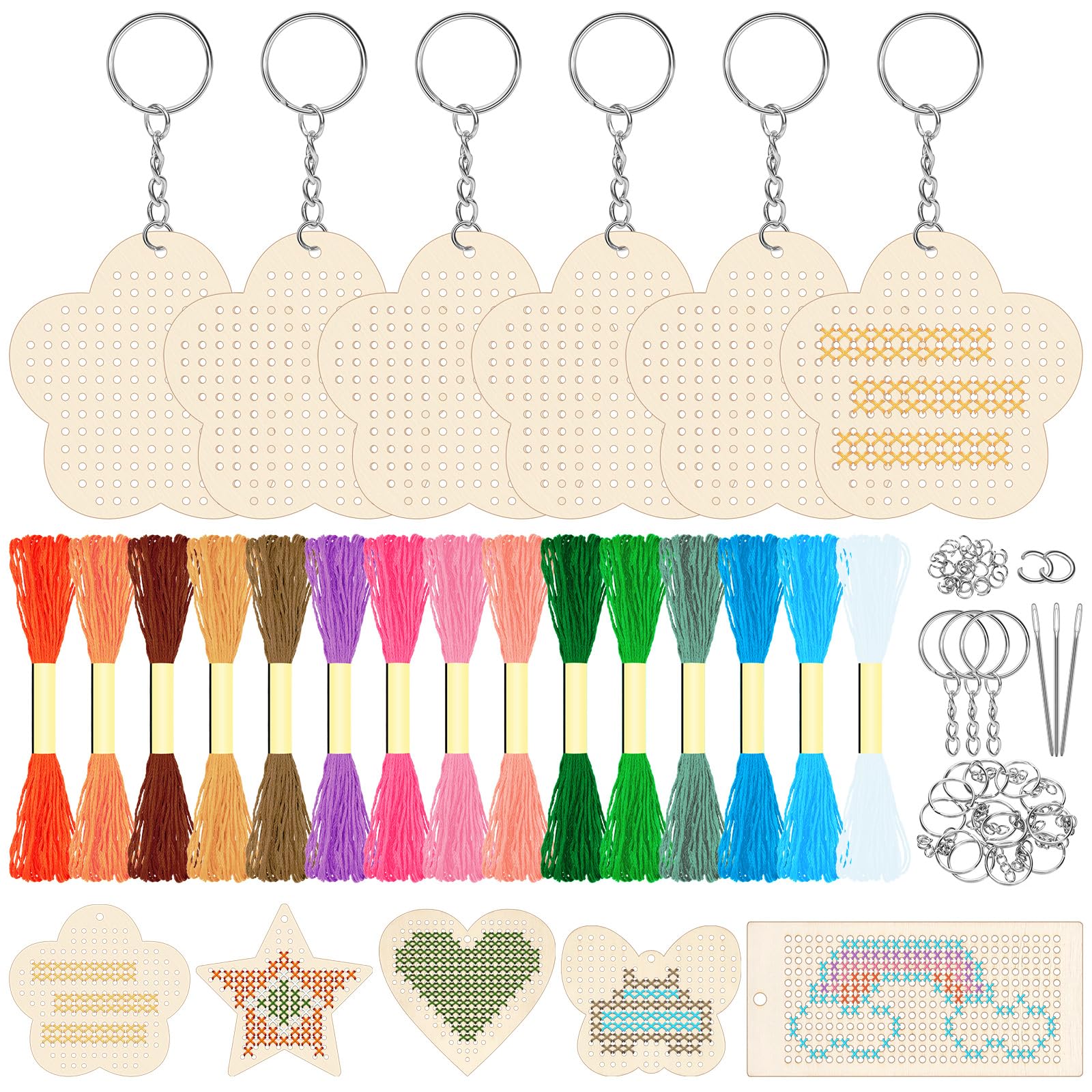 GLARKS 64pcs Flower Wooden Cross Stitch Kit, Wood Cross Stitching Keyrings, Craft Cross Stitch Wood Kit, Wooden Threading Kits for Decoration Supplies Art Craft