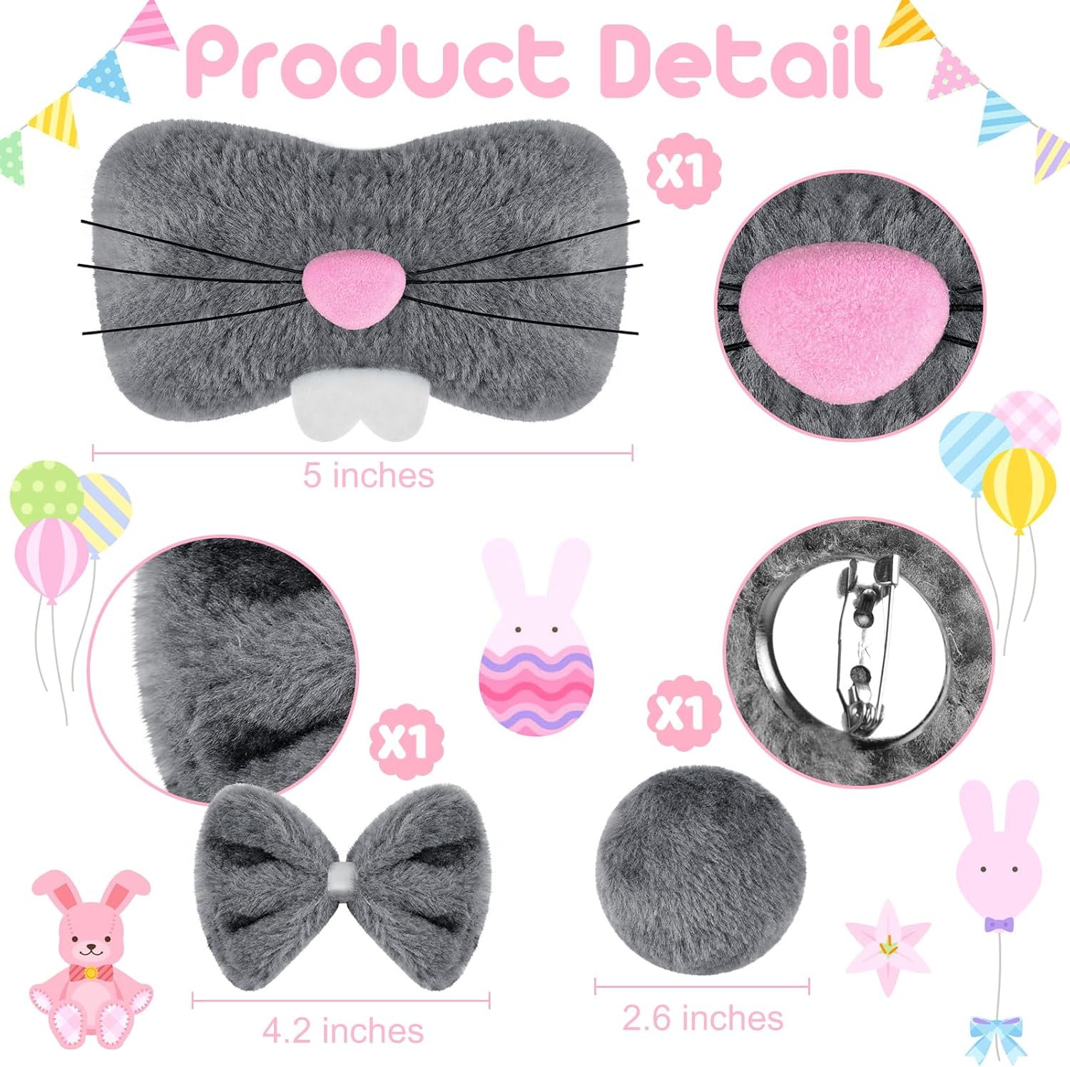 Mototo 4 PCS Easter Bunny Ears Costume Accessories Plush Bunny Ears Headband and Tail Set Rabbit Nose Bow Tie for Adult Girl Boy Halloween Cosplay Birthday Performance School Stage, Gray - Image 3