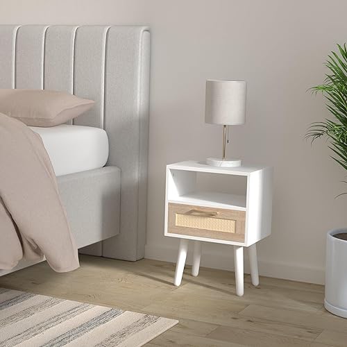 Miniatura 2 de LETESA Mesitas de noche de ratán, con cajón decorativo de ratán y estante abierto, mesas auxiliares de cama con pies de madera maciza, mesa
