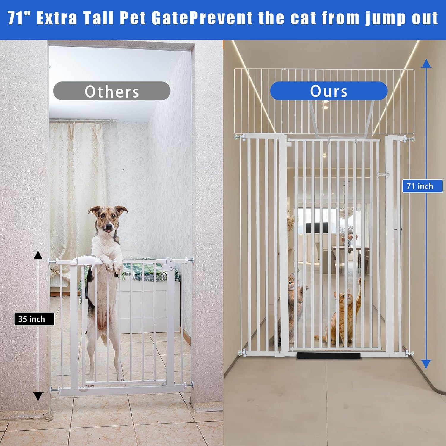 71 inch Extra Tall Gate Pet Gate,29.92"-49" Extra Wide Pressure Mounted,Cat Gates for Stairs, Kitchen,Doorways (White)