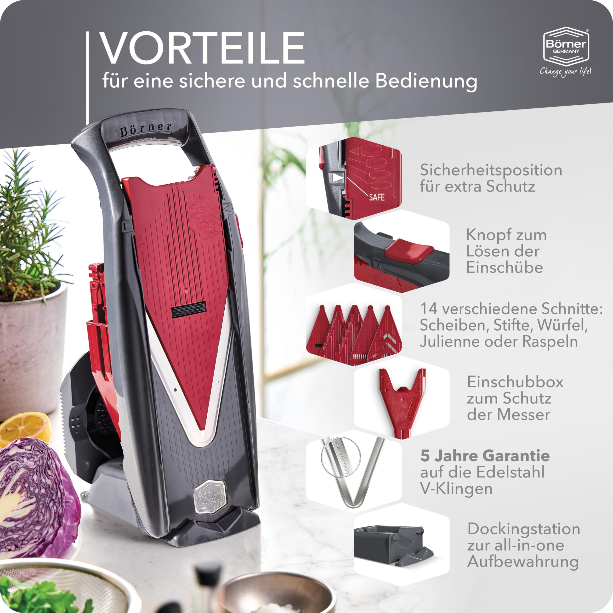 Börner Gemüsehobel Vital (Profi Set) • 12 Schnittarten • Gemüseschneider Edelstahl • Mandoline mit Dressing-Funktion • V-Hobel für Scheiben, Julienne Streifen, Würfel & Gemüsespaghetti