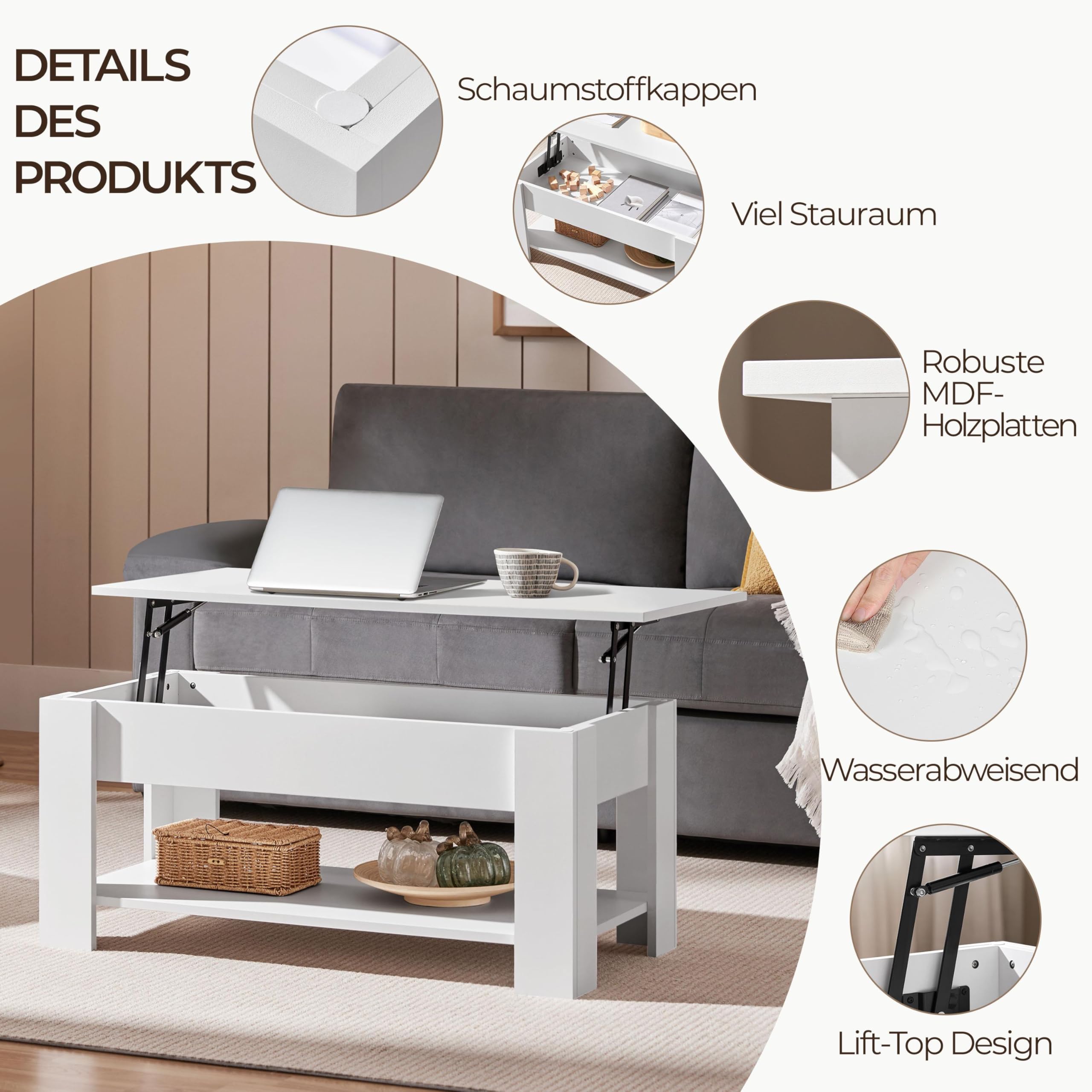 Yaheetech Couchtisch mit Höhenverstellbarer Platte Kaffeetisch ausziehbarer Wohnzimmertisch Sofatisch für Wohnzimmer, Büro, weiß
