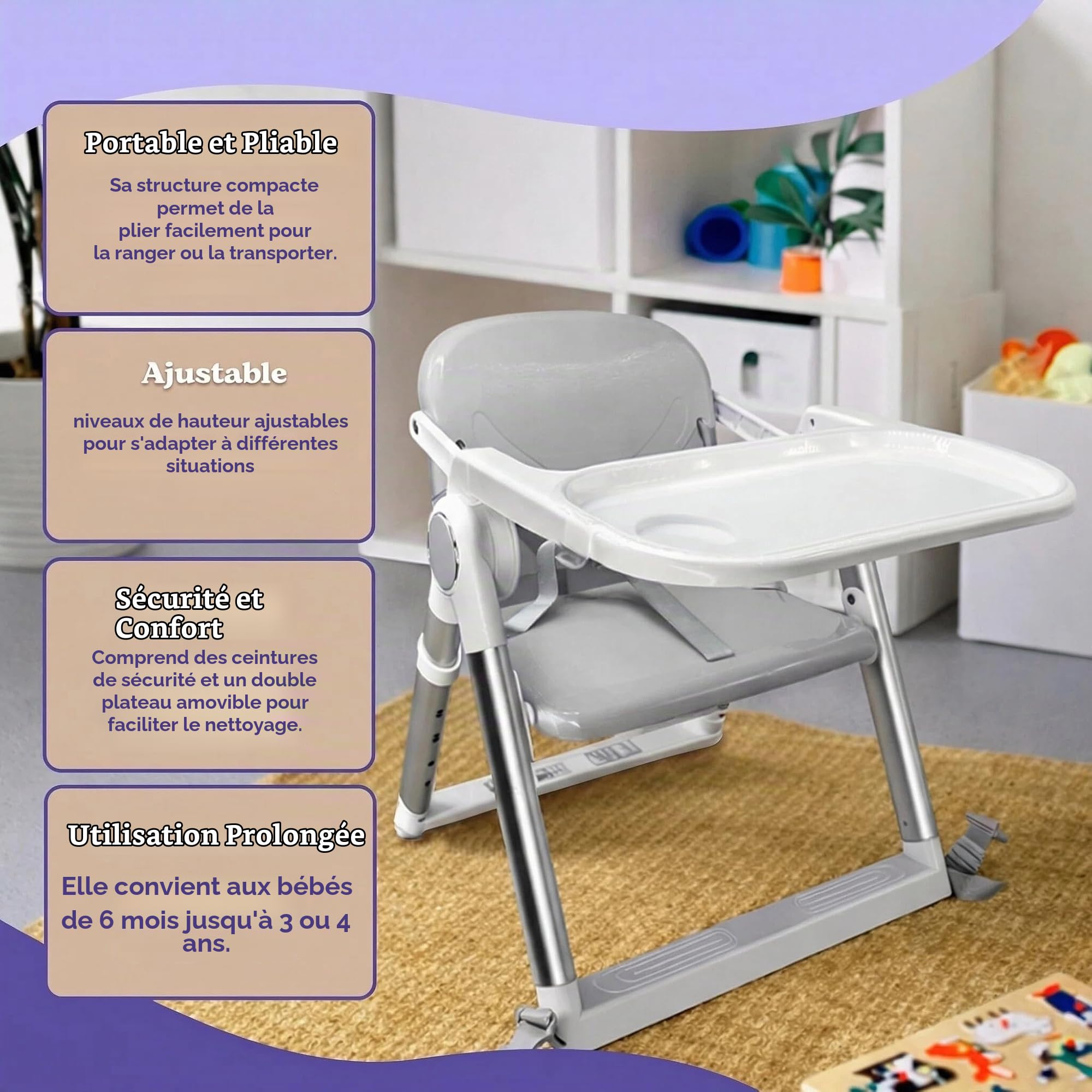 Chaise Haute Bébé Portable Pliable 2 en 1, Rehausseur de Chaise avec Sangles de Fixation, 4 Hauteurs Réglables, Plateau Amovible, Sac de Transport, 6-36 Mois jusqu’à 15 kg (Gris + Argent)