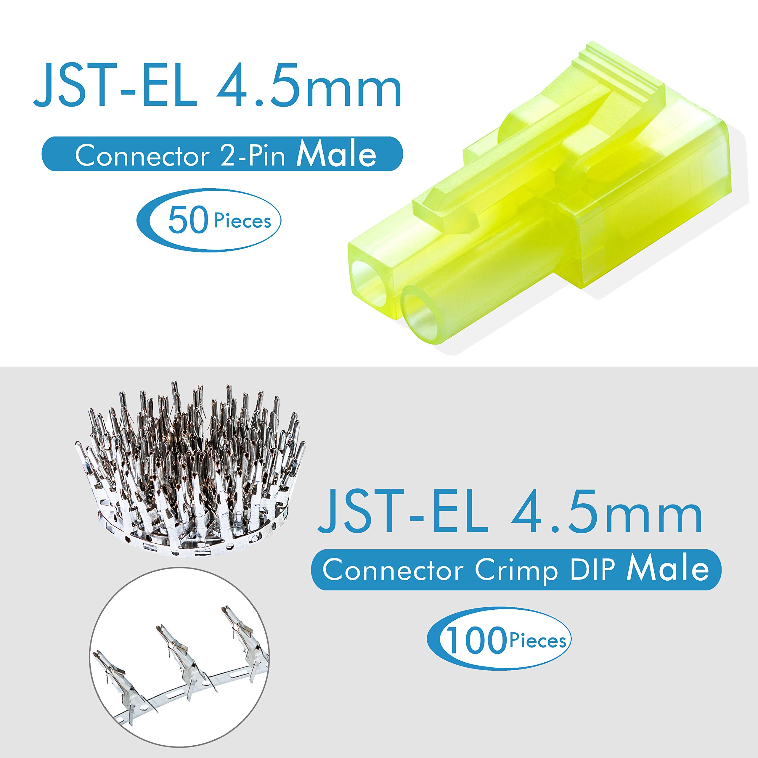 CQRobot JST EL 4,5 mm Paso 2-Pines Conector IC Macho Enchufe, Hembra Receptáculo Carcasa y Macho/Hembra T Forma Engarce Terminal. 50 Juegos / 300 Piezas Cable a Cable Adaptador Componentes.