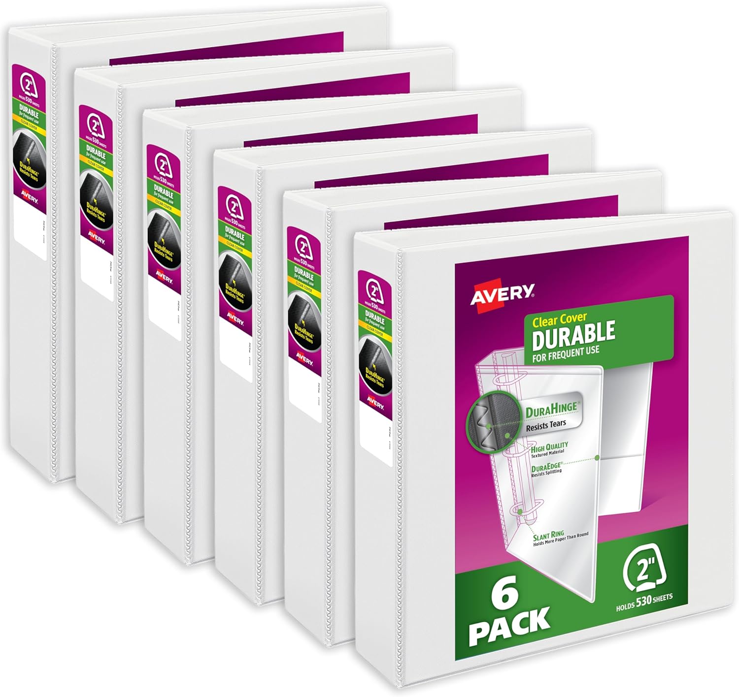 Avery Durable View 3 Ring Binders for Home, School Supplies, Office, or Organization Needs, 2" Slant Ring, 6 Pack White Binders (17032)
