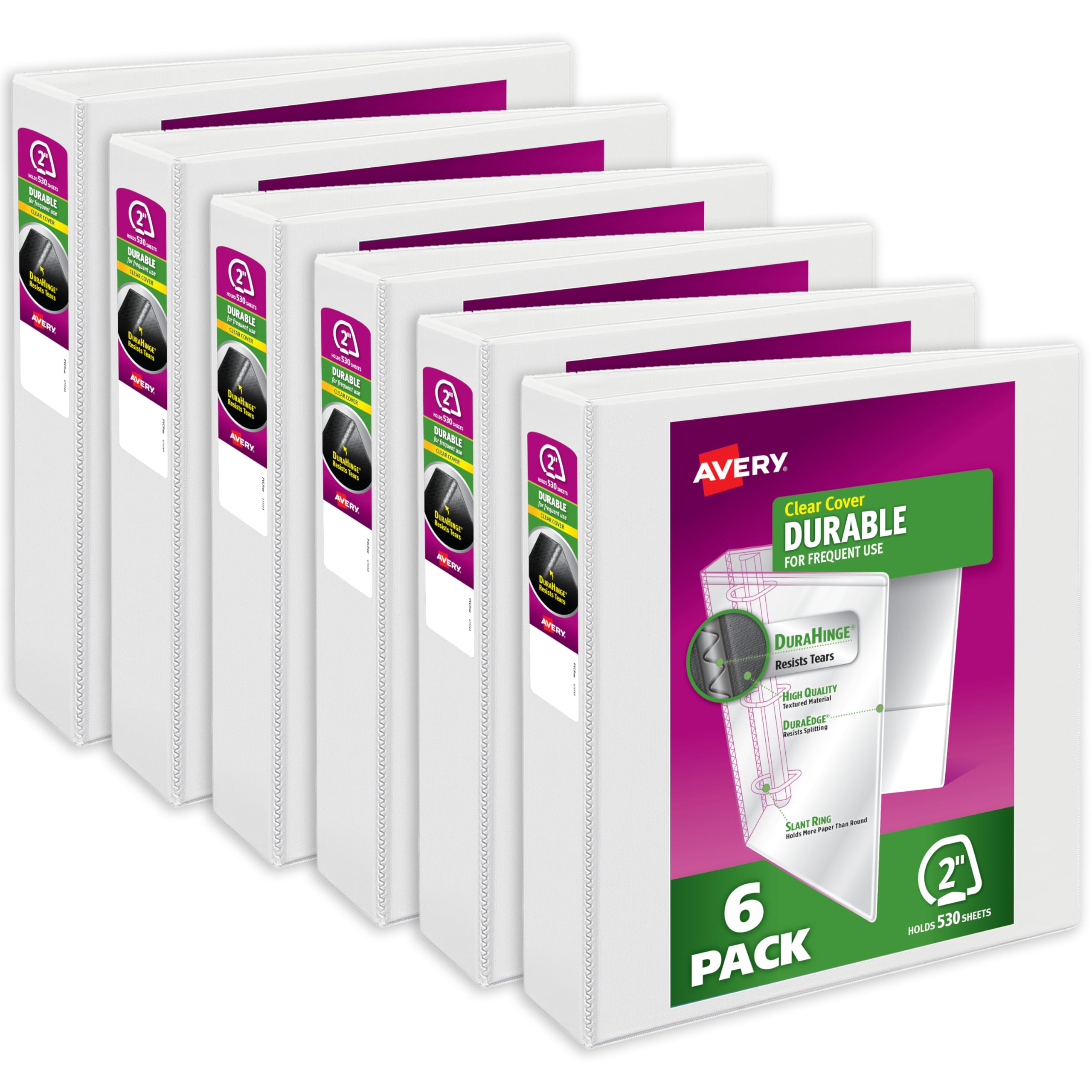 Avery Durable View 3 Ring Binders for Home, School Supplies, Office, or Organization Needs, 2" Slant Ring, 6 Pack White Binders (17032) โ image 1