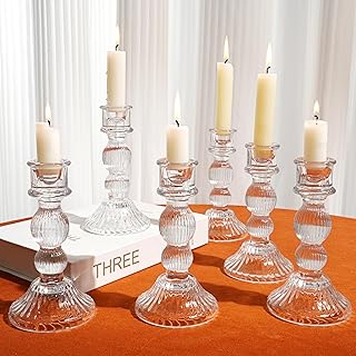 6" H Glass Candle Holder Set of 6, Taper Candles Holders - Candle Stick Holders for Home Decor Wedding Party & Table Centerpieces (Clear, 6 Pcs)