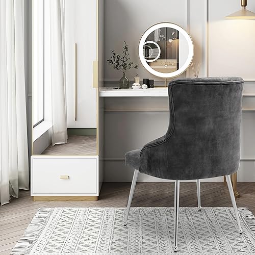 Miniatura 37 de Silla de tocador de terciopelo con respaldo, moderna silla pequeña sin brazos con patas de metal, silla auxiliar tapizada para sala de estar, Gris
