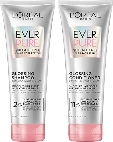 L'Oreal Paris Glossing Sulfate Free Shampoo and Conditioner Set with Glycolic Acid, Hair Care for Lasting Shine and Smoothness for Dull, Dry Hair, EverPure, 1 Kit