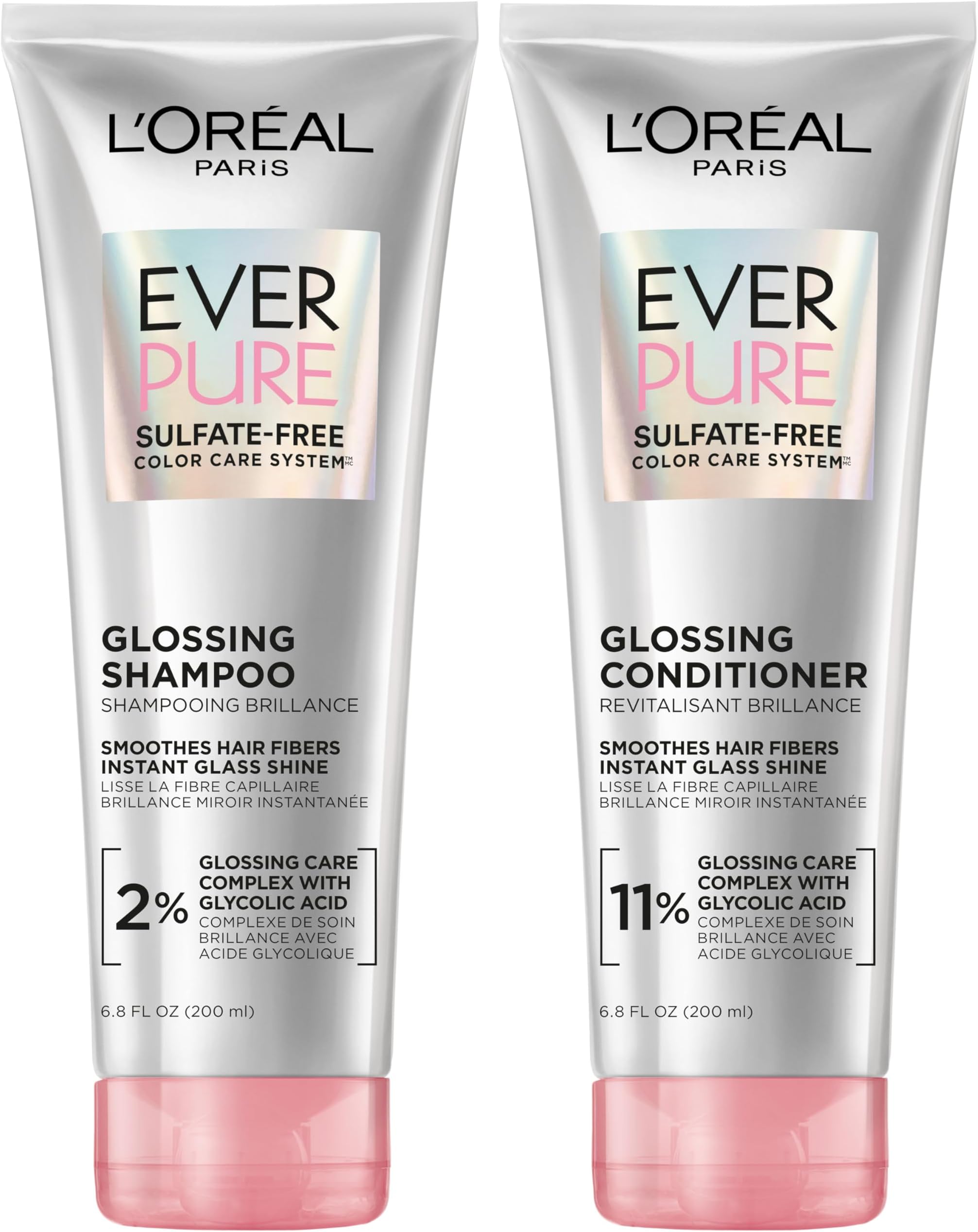 L'Oreal Paris Glossing Sulfate Free Shampoo and Conditioner Set with Glycolic Acid, Hair Care for Lasting Shine and Smoothness for Dull, Dry Hair, EverPure, 1 Kit