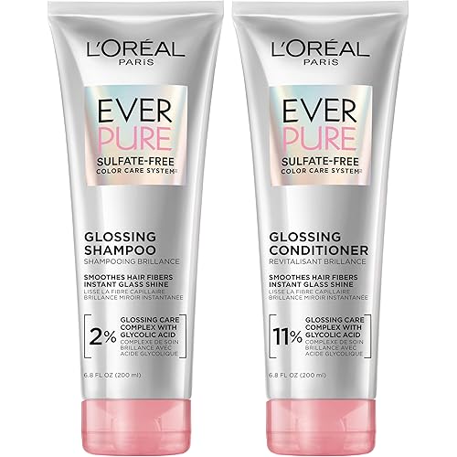 L'Oreal Paris Glossing Sulfate Free Shampoo and Conditioner Set with Glycolic Acid, Hair Care for Lasting Shine and Smoothness for Dull, Dry Hair, EverPure, 1 Kit