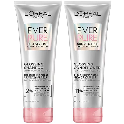 L'Oreal Paris Glossing Sulfate Free Shampoo and Conditioner Set with Glycolic Acid, Hair Care for Lasting Shine and Smoothness for Dull, Dry Hair, EverPure, 1 Kit