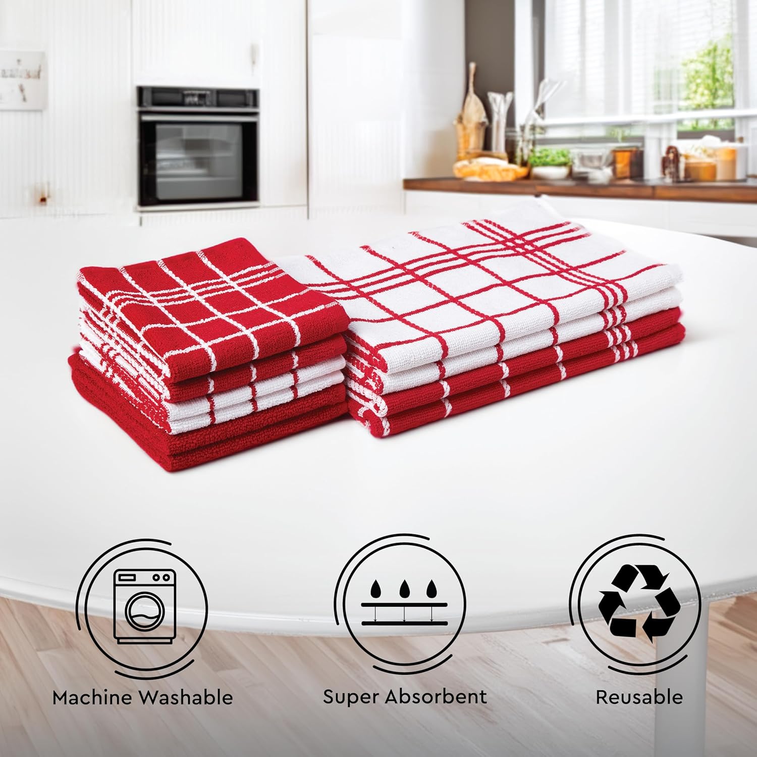 Encasa XO Kitchen Towels and Dish Cloths Sets | Red Combo Highly Absorbent Cotton Terry Towels | 12x12 inch & 16x24 inch | Multipurpose for Washing Dishes and Cleaning Pack of 10 - Image 3