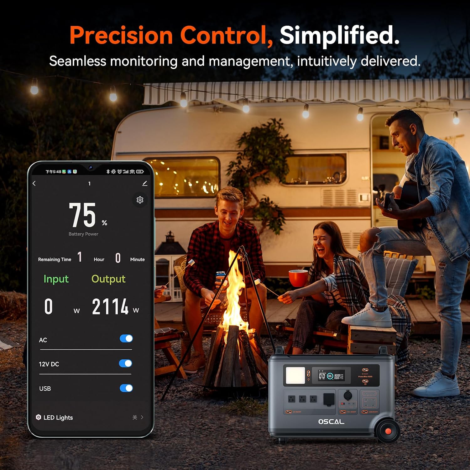 Image showing a smartphone displaying the OSCAL app interface for remote control of the PowerMax 6000, with people enjoying a campfire in the background.