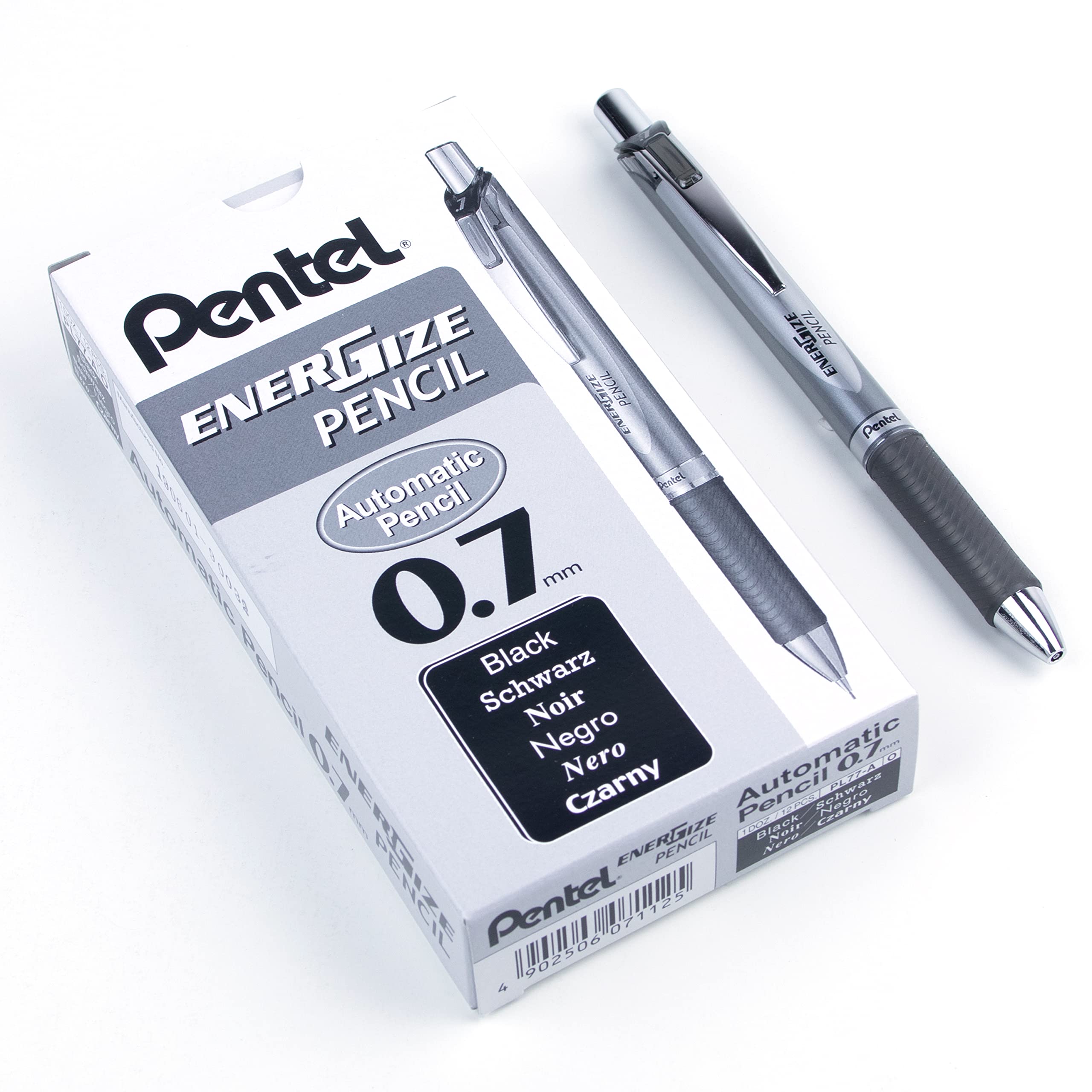 Pentel EnerGize Retractable Mechanical Pencil, 0.7mm Medium Point, Black Accents, Companion Pencil for the EnerGel BL77 Pens, PL77-A, Box of 12
