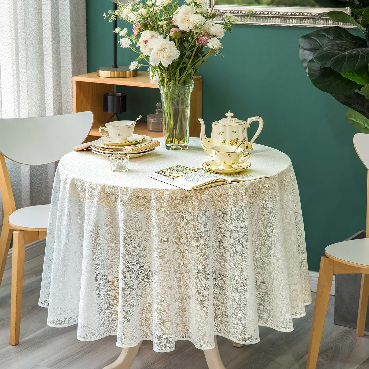 Lace Tablecloth Leaf Pattern Warp Knitting Fabric Solid White Round Table Cover for Kitchen Dining Farmhouse Wedding Party Decor Ivory,108 Inch