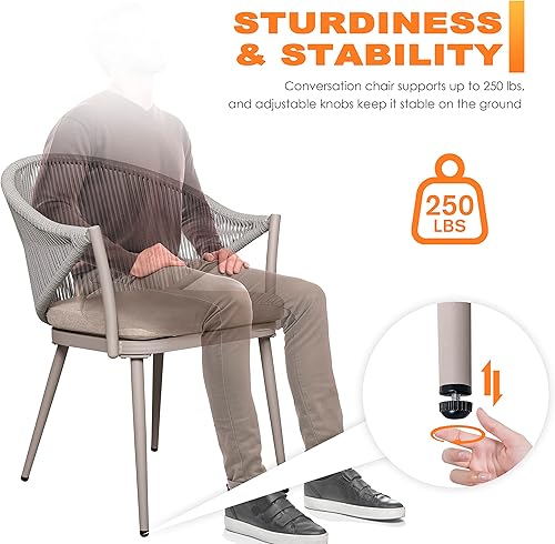 Miniatura 3 de NUU GARDEN Juego de 2 mesas y sillas de bistró, juego de patio de conversación de cuerda tejida, juego de aluminio para todo tipo de clima, juego de