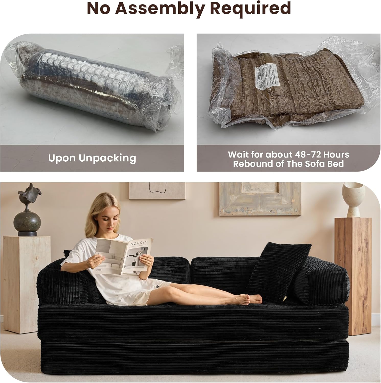 4-in-1 Convertible Sleeper Sofa Bed,80 Inch Corduroy Loveseat Sleeper with Pull Out Bed,Boneless Couch with Fixed-Shape Frame,Floor Sofa Modular Couch for Living Room Bedroom Lounge (Black)